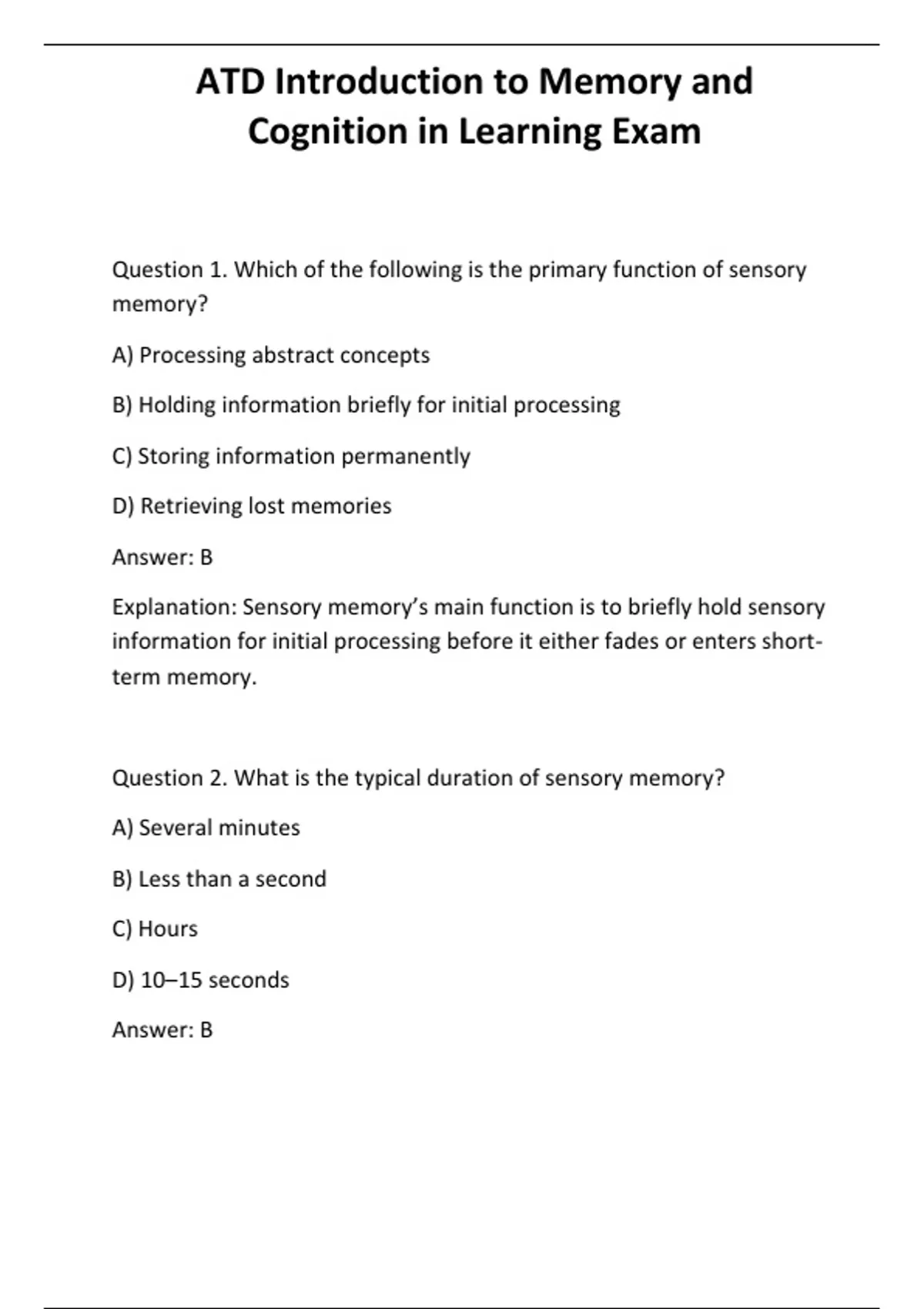 ATD Introduction to Memory and Cognition in Learning Exam - Computer ...