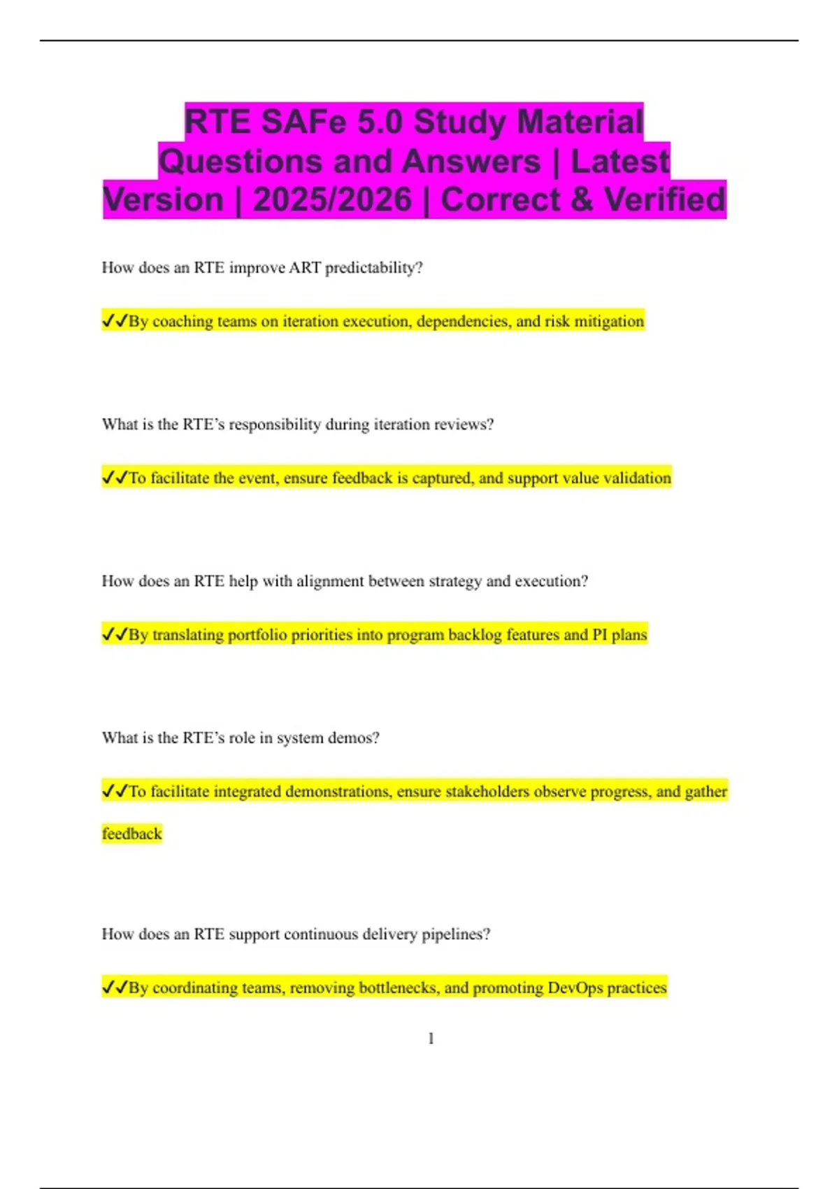 RTE SAFe 5.0 Study Material Questions and Answers | Latest Version ...