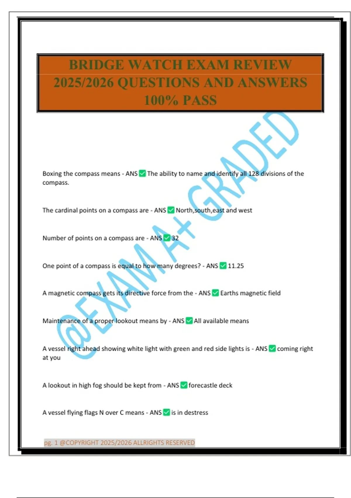 Bridge Example Question Exam BRIDGE WATCH EXAM REVIEW 2025/2026 QUESTIONS AND ANSWERS 100% PASS ...