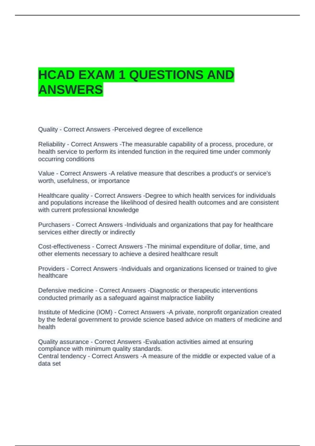 HCAD EXAM 1 QUESTIONS AND ANSWERS - HCAD - Stuvia US