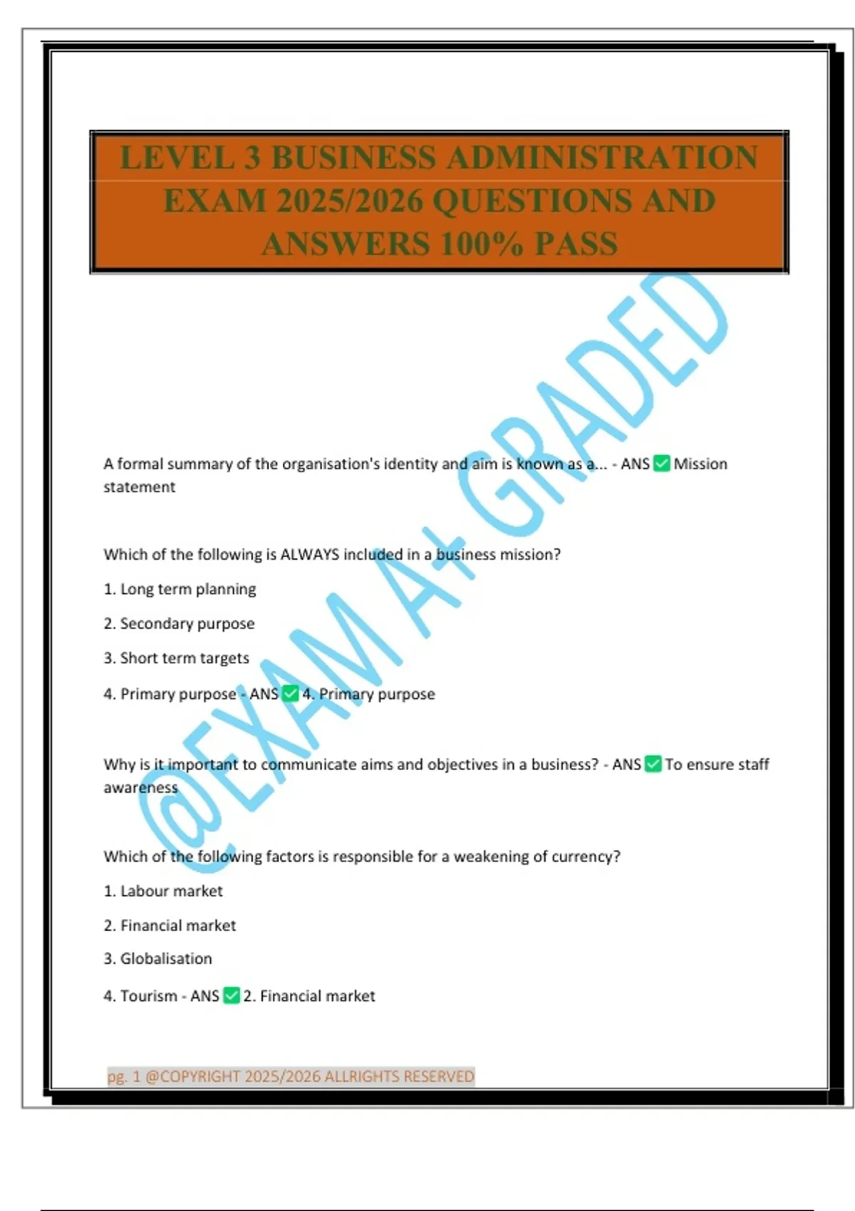 LEVEL 3 BUSINESS ADMINISTRATION EXAM 2025/2026 QUESTIONS AND ANSWERS ...