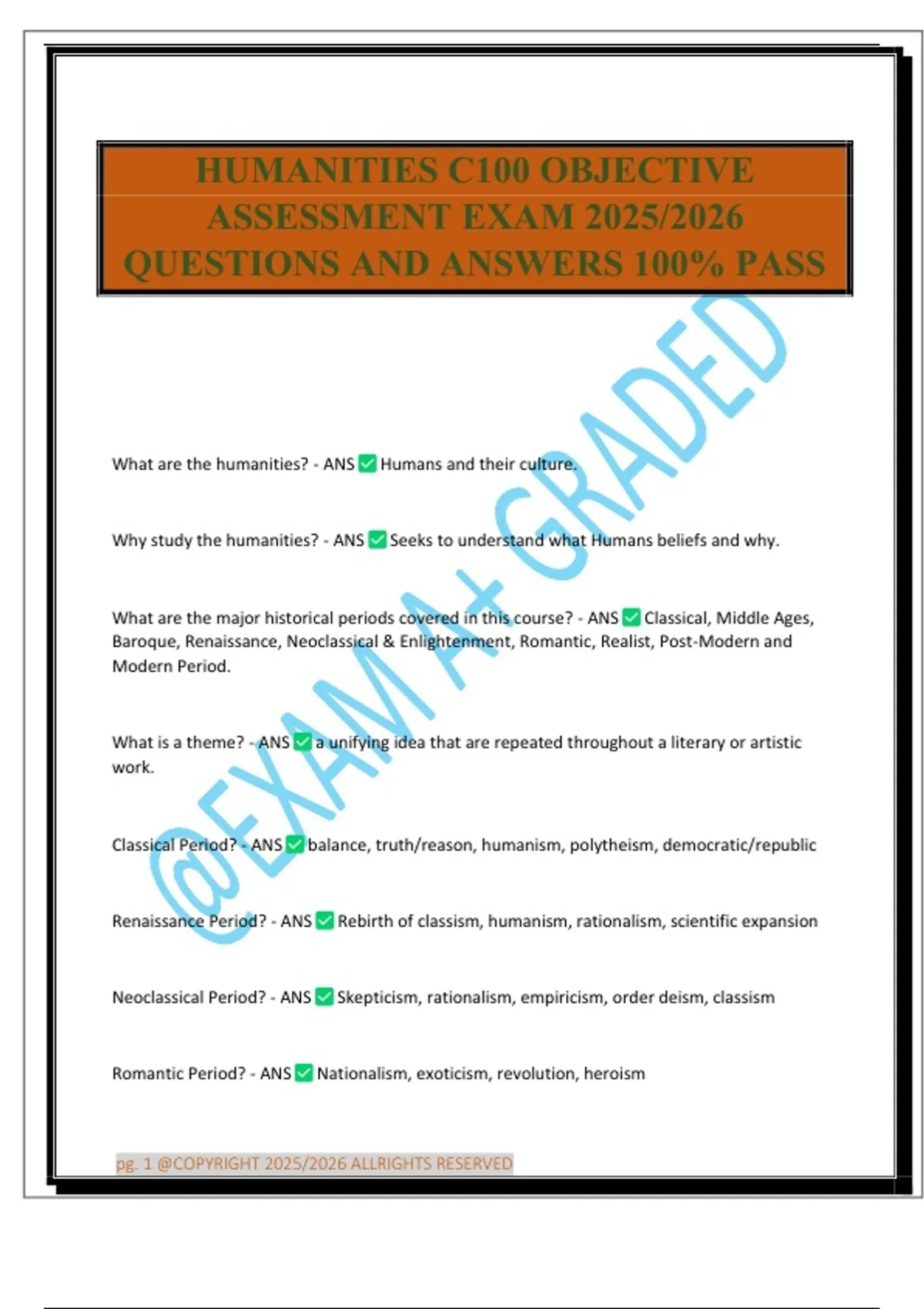 HUMANITIES C100 OBJECTIVE ASSESSMENT EXAM 2025/2026 QUESTIONS AND ...