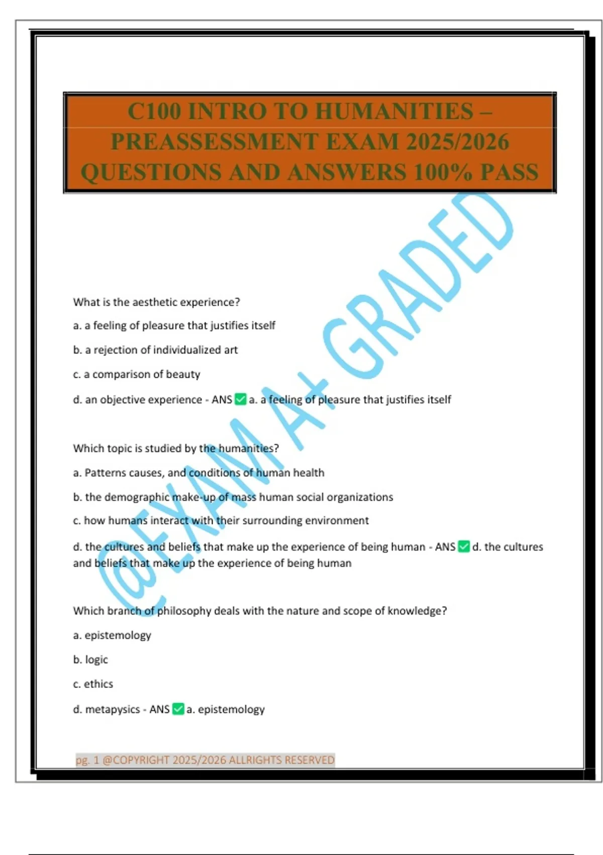 C100 INTRO TO HUMANITIES – PREASSESSMENT EXAM 2025/2026 QUESTIONS AND ...