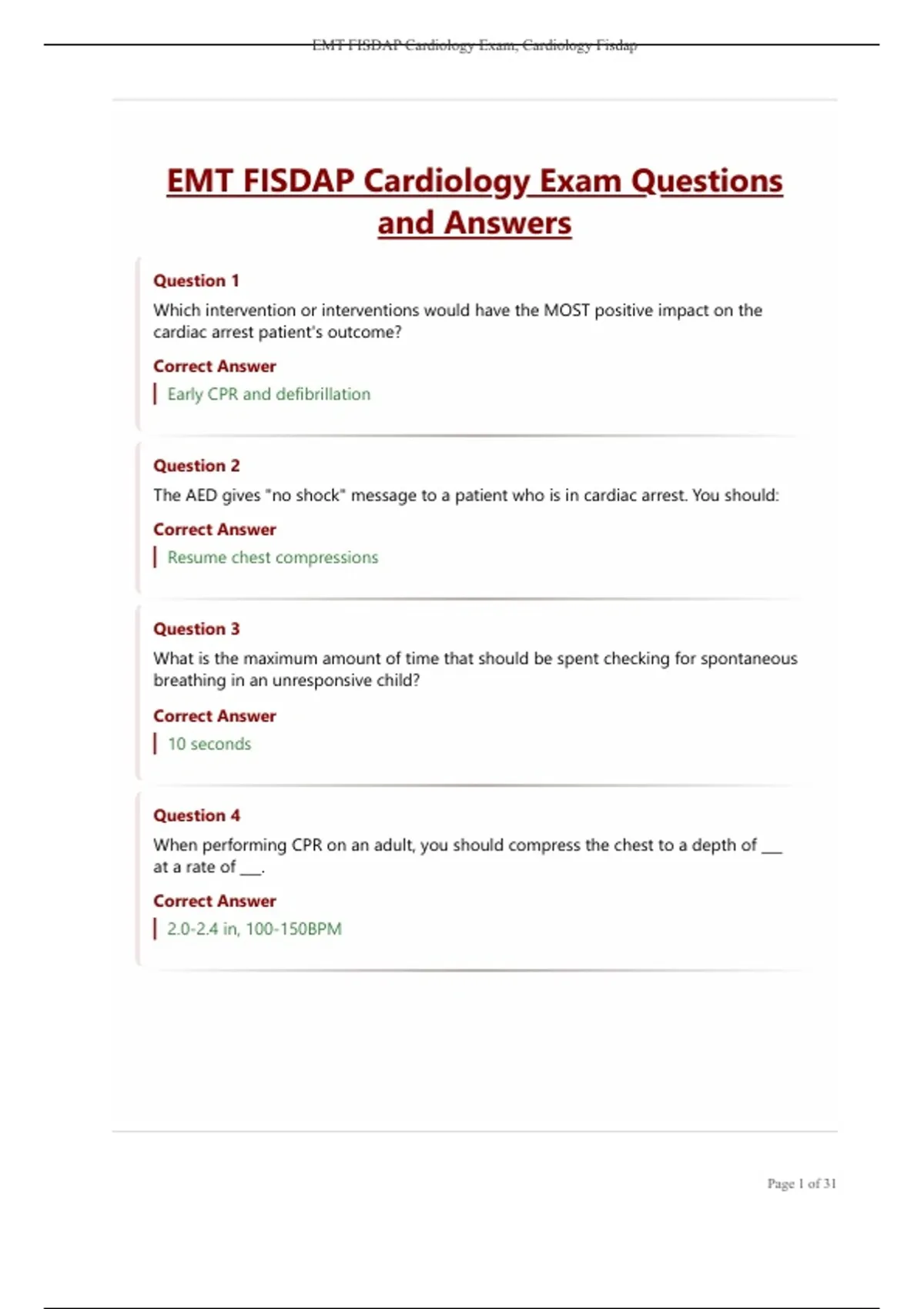 EMT FISDAP Cardiology Exam Questions and Answers - EMT FISDAP ...