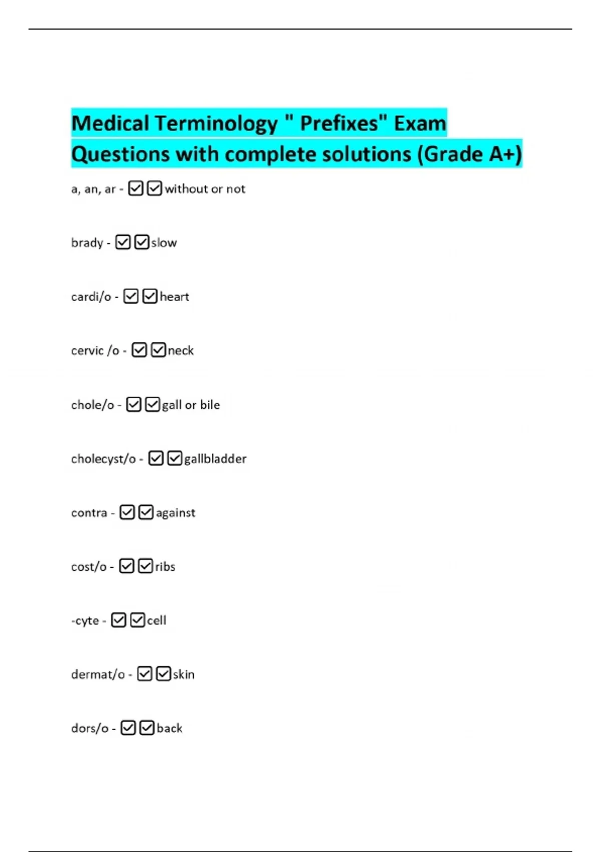Medical Terminology " Prefixes" Exam Questions with complete solutions ...