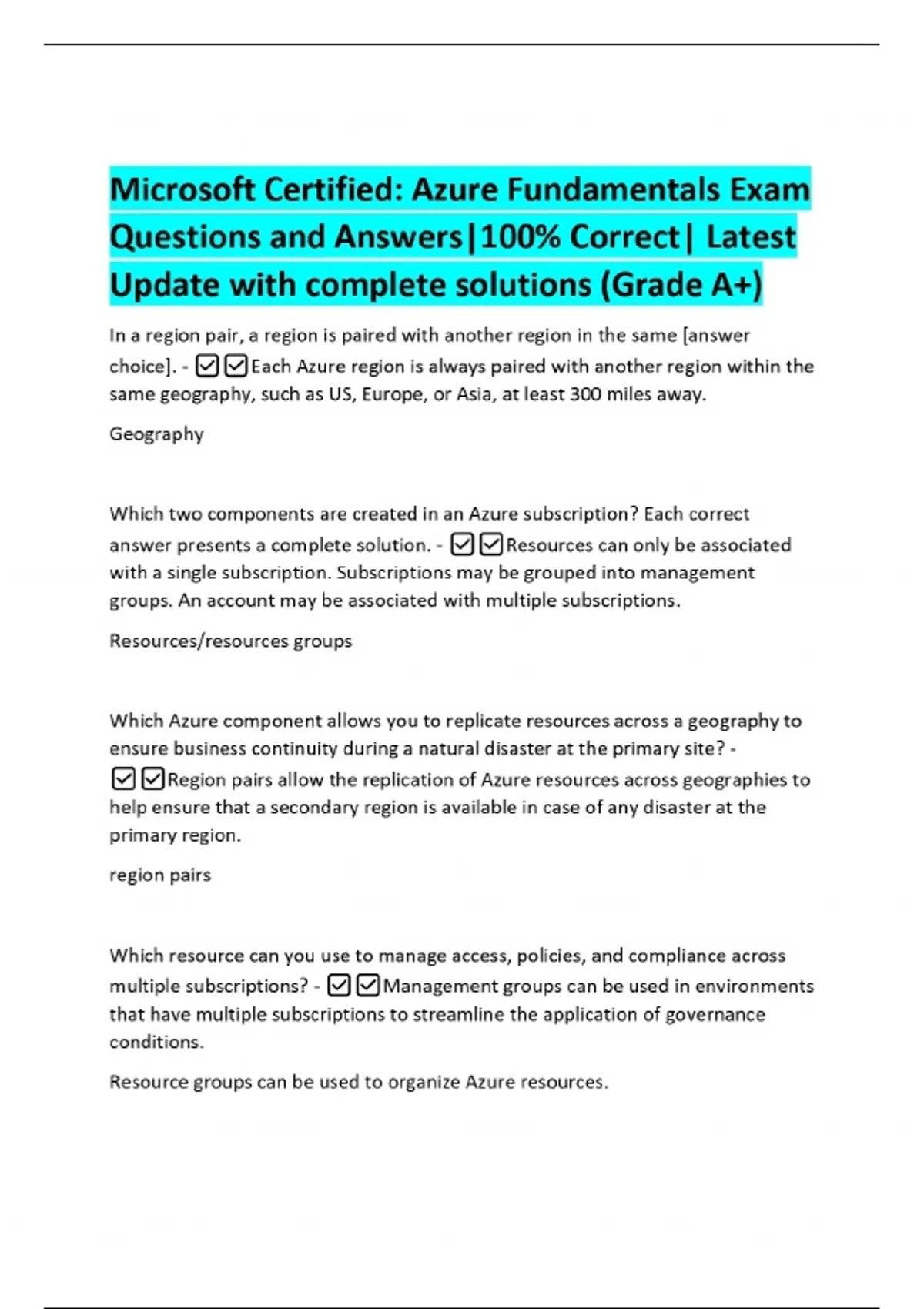 Microsoft Certified Azure Fundamentals Exam Questions and Answers100