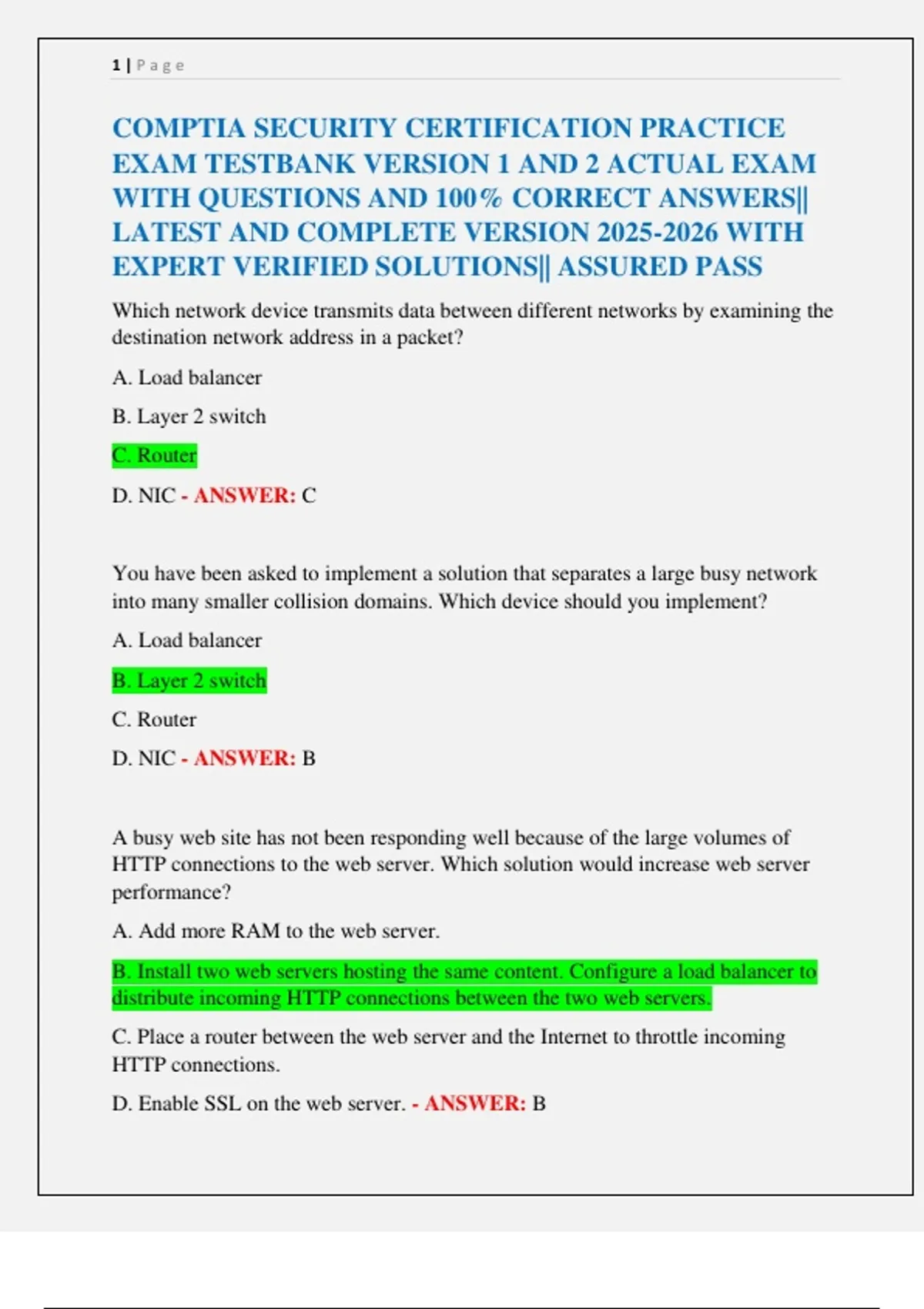 COMPTIA SECURITY CERTIFICATION PRACTICE EXAM TESTBANK VERSION 1 AND 2 ...