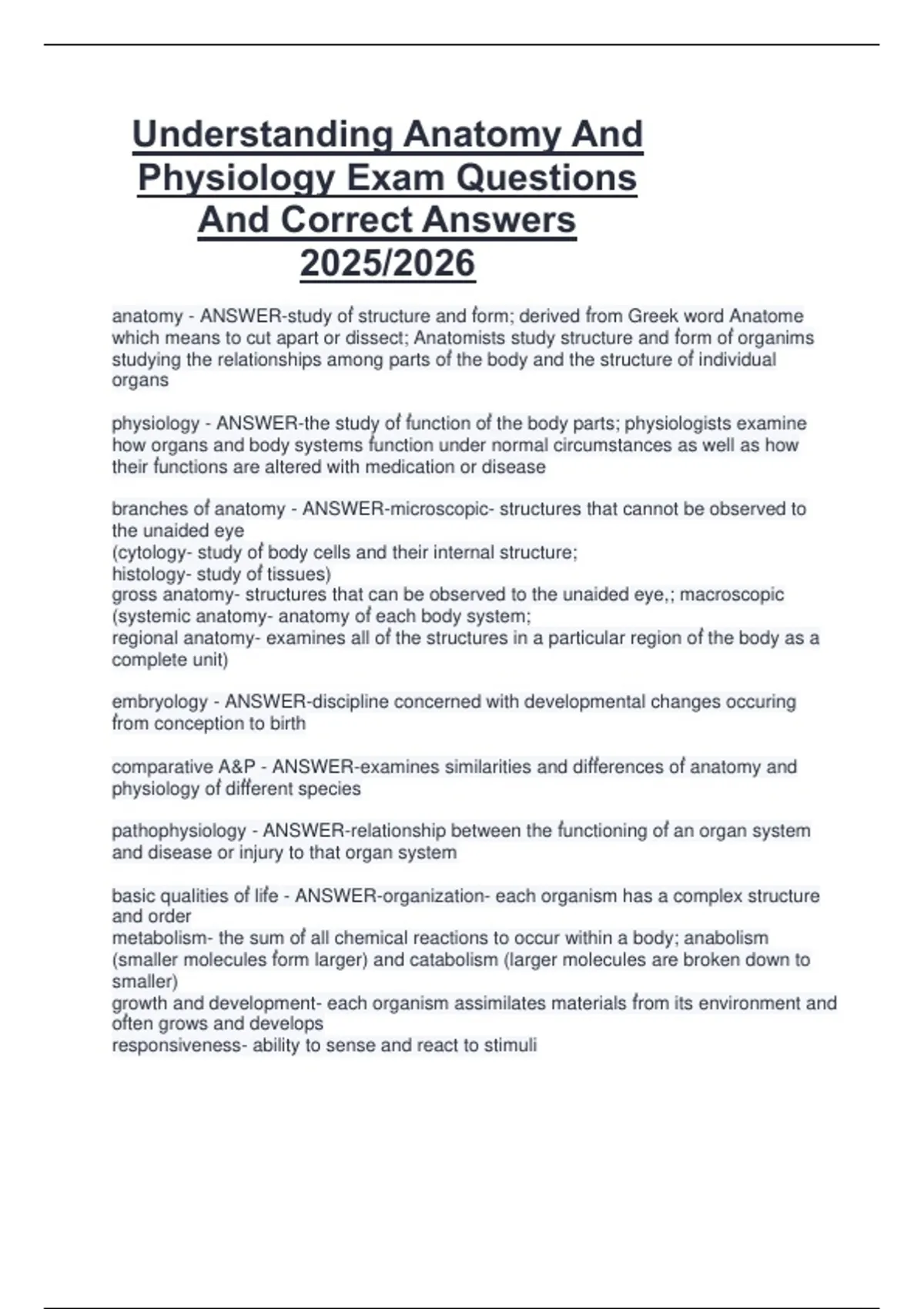 Understanding Anatomy And Physiology Exam Questions And Correct Answers ...