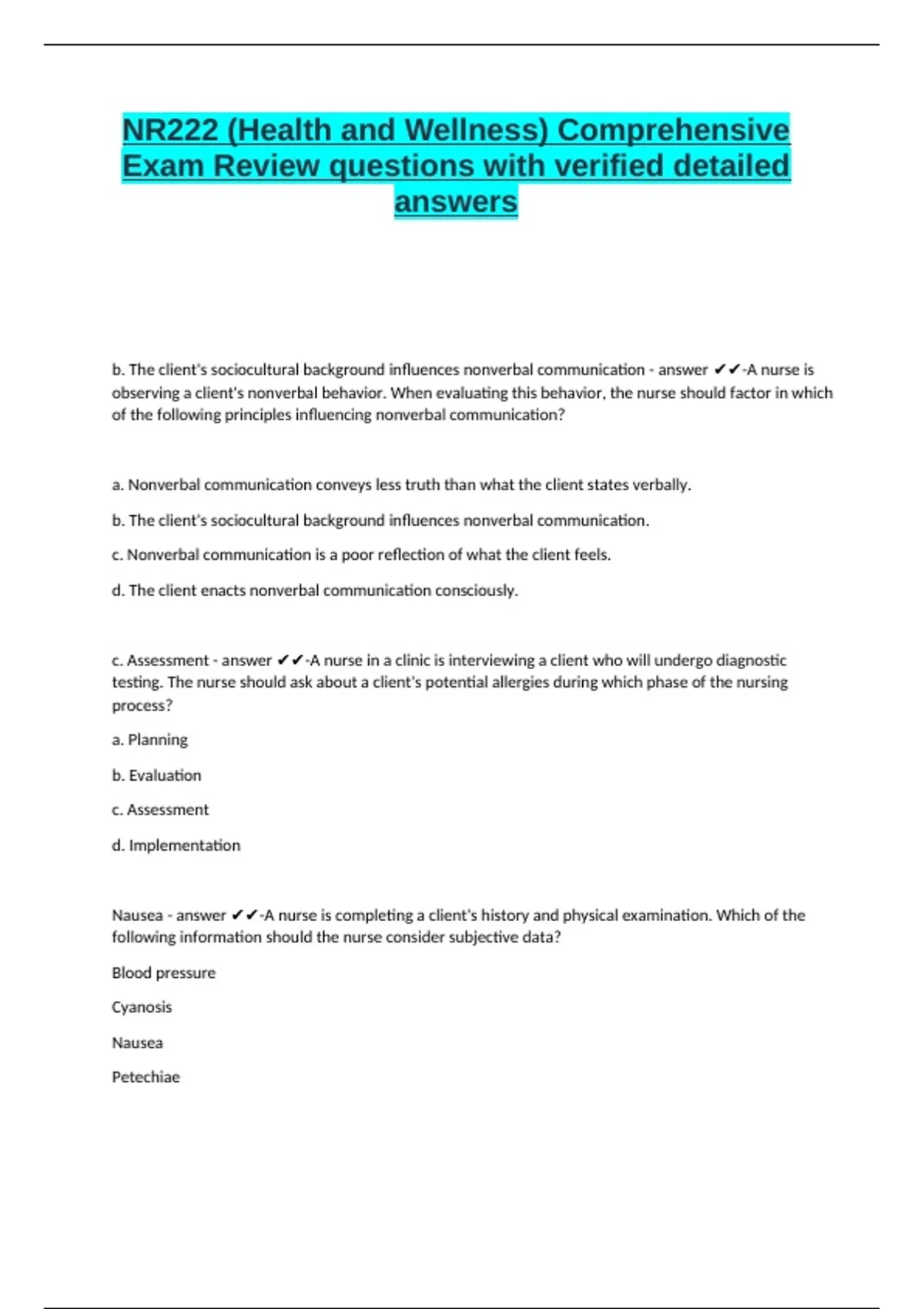 NR 222 Exam 1 questions with most recent updated () correct answers ...