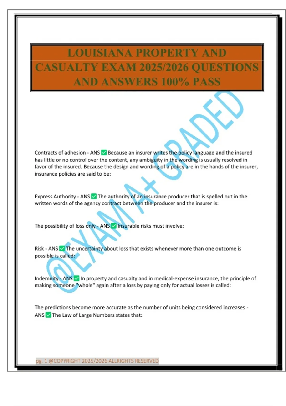 LOUISIANA PROPERTY AND CASUALTY EXAM 2025/2026 QUESTIONS AND ANSWERS 100% PASS - Louisiana ...