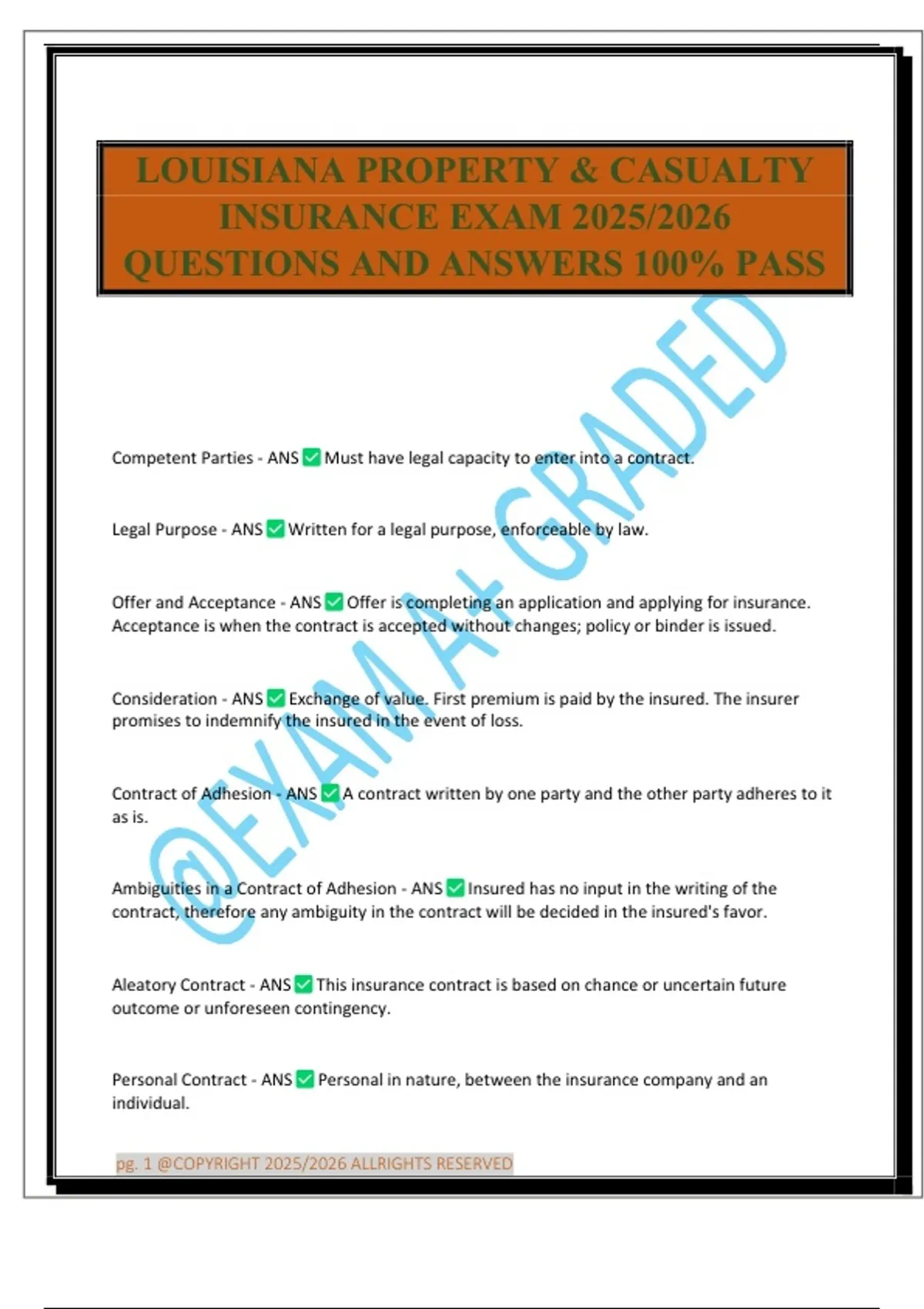 LOUISIANA PROPERTY & CASUALTY INSURANCE EXAM 2025/2026 QUESTIONS AND ANSWERS 100% PASS ...