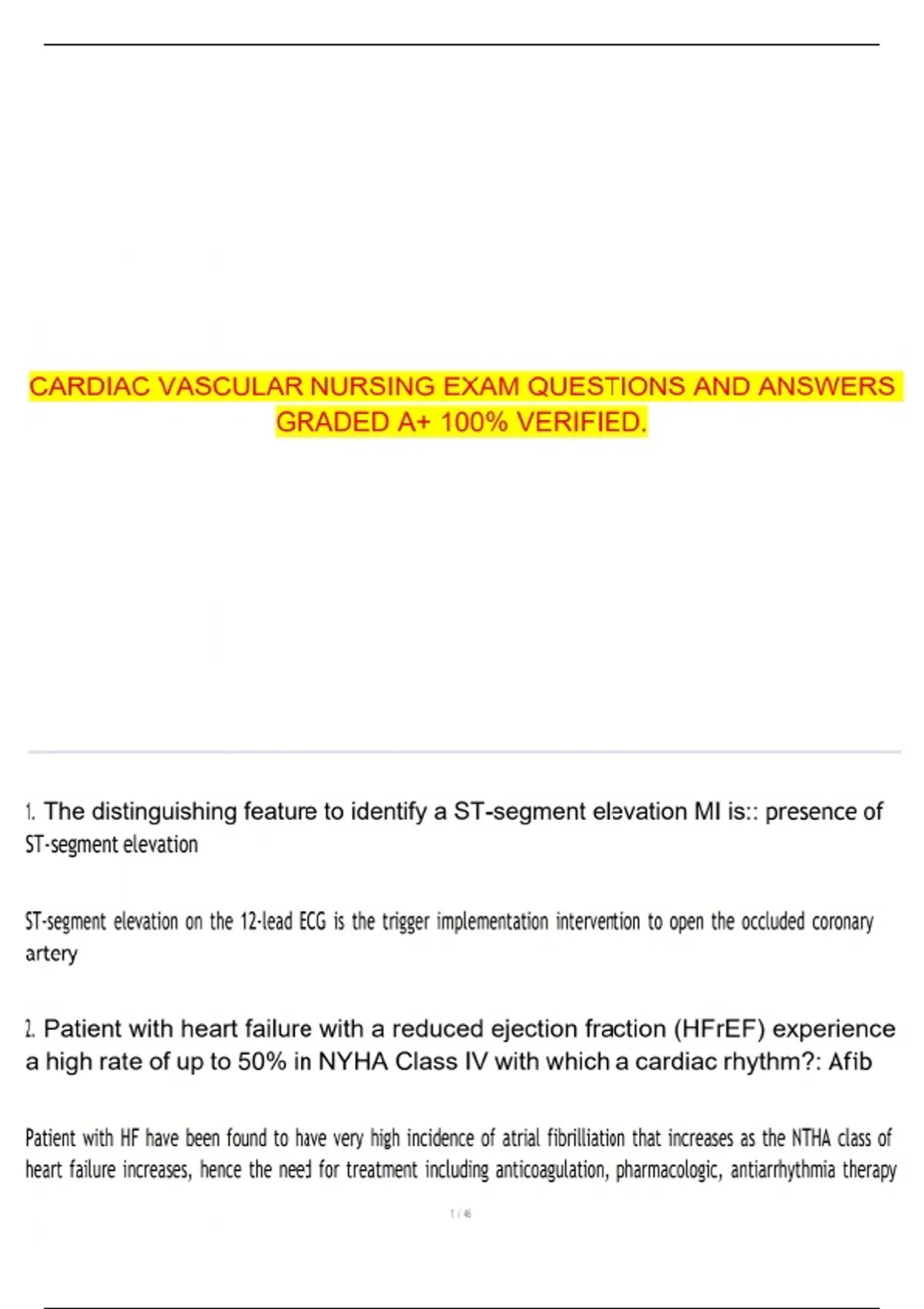 CARDIAC VASCULAR NURSING EXAM QUESTIONS AND ANSWERS GRADED A+ 100% ...