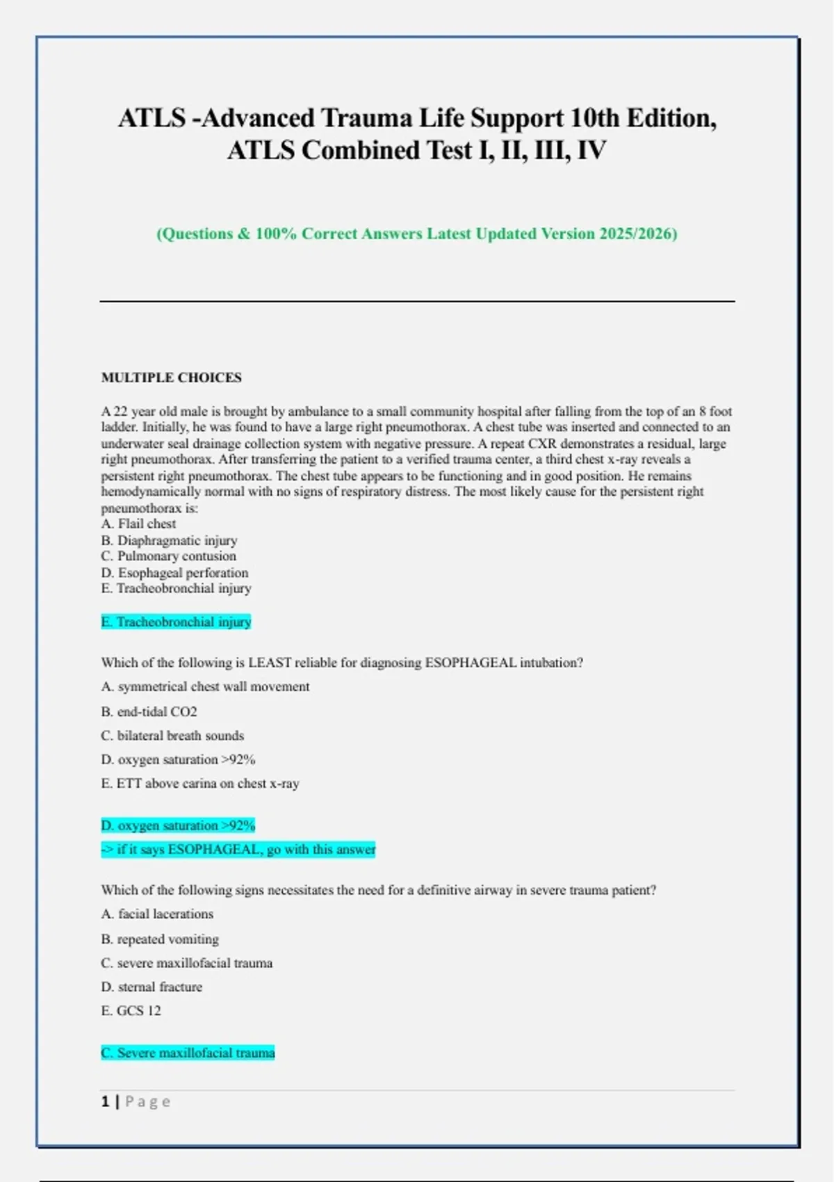 Atls Notes ATLS -Advanced Trauma Life Support 10th Edition, ATLS Combined Test I ...