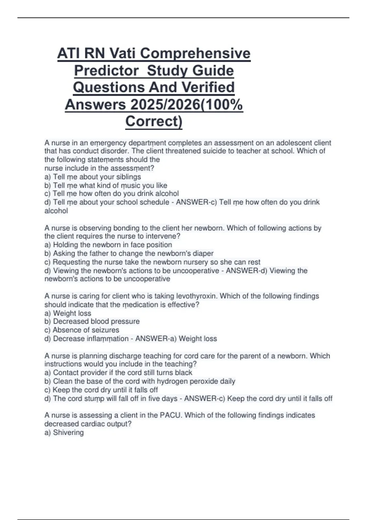 ATI RN Vati Comprehensive Predictor Study Guide Questions And Verified ...