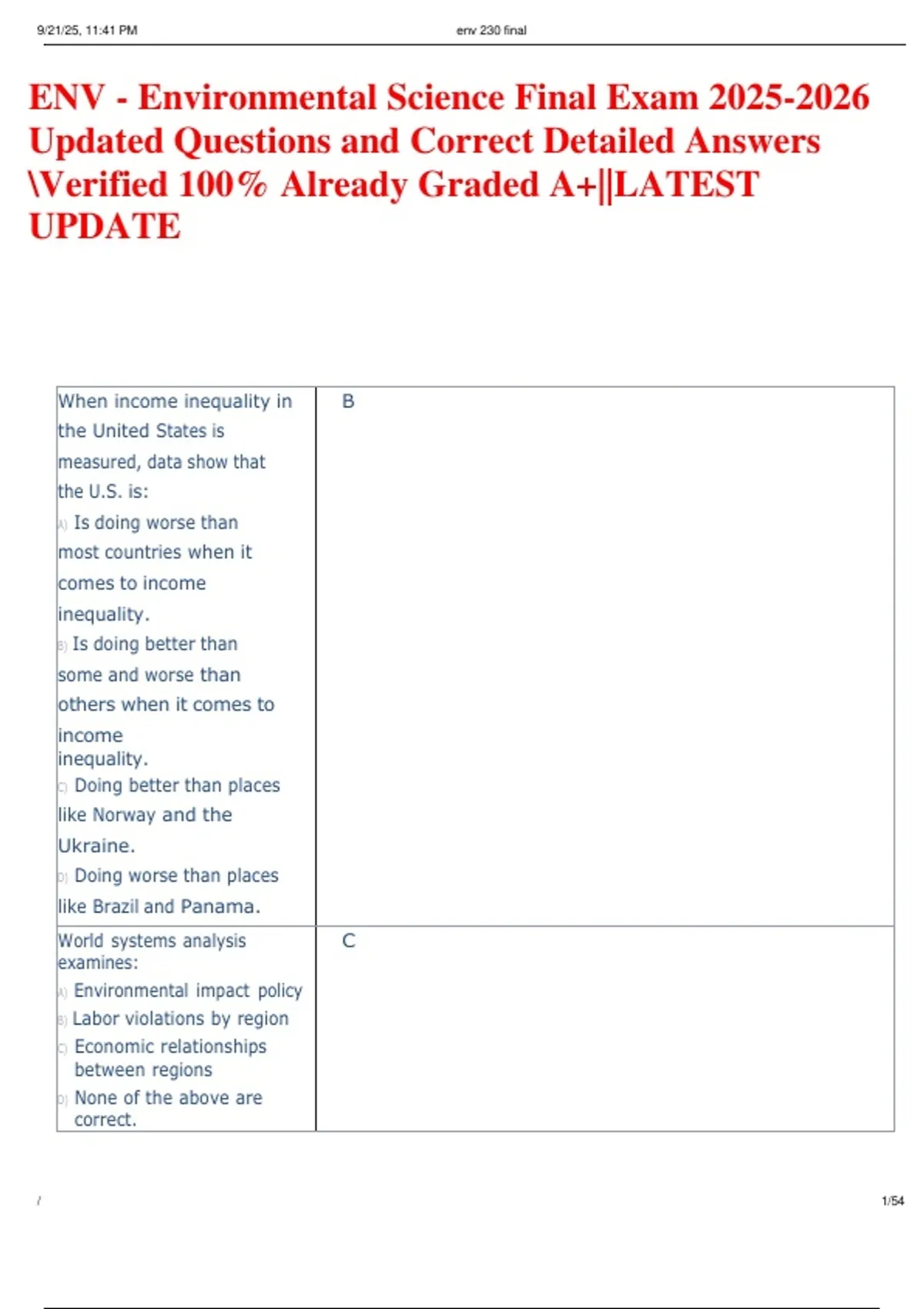 ENV - Environmental Science Final Exam Updated Questions and Correct ...