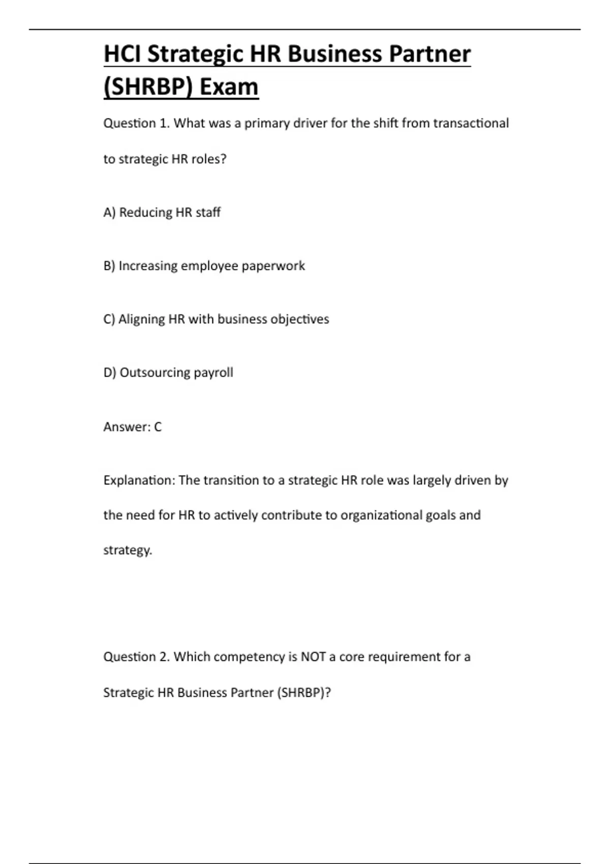 HCI Strategic HR Business Partner (SHRBP) Exam - Computer - Stuvia US