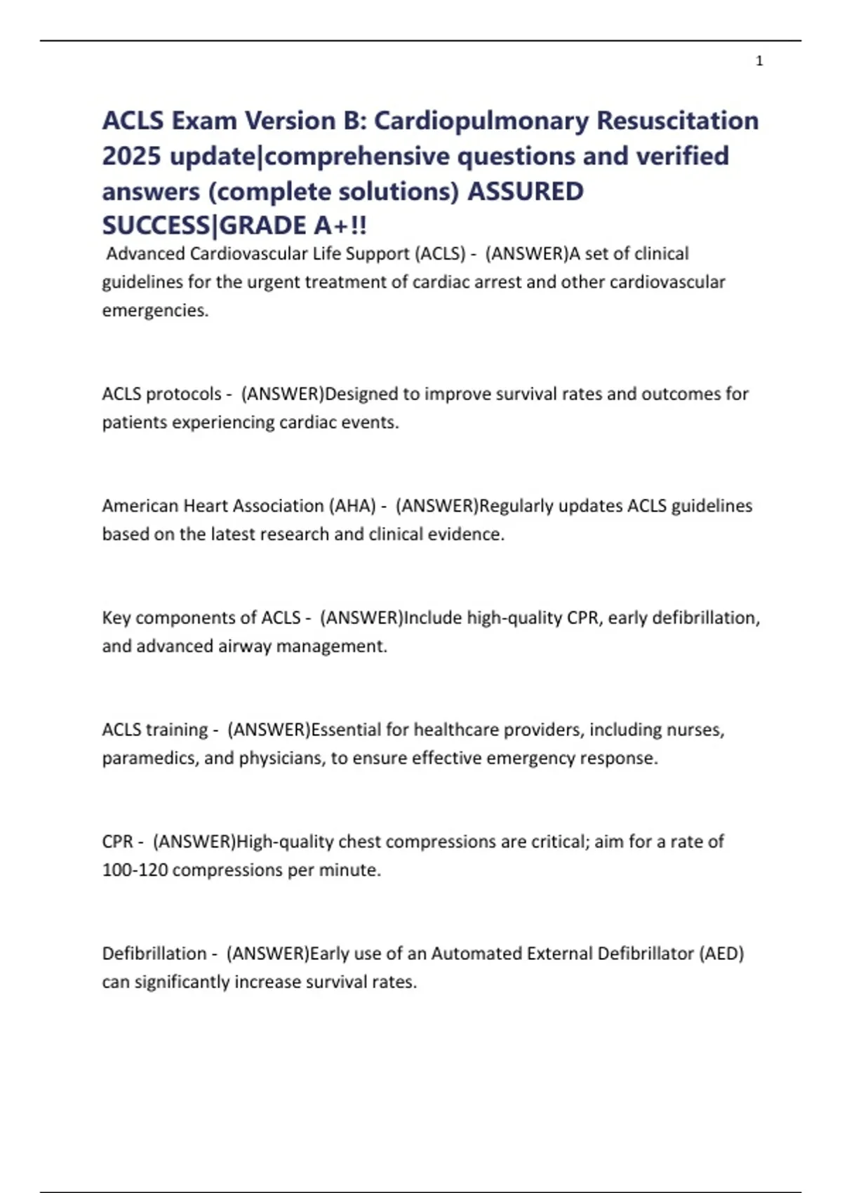ACLS Exam Version B: Cardiopulmonary Resuscitation 2025 update ...
