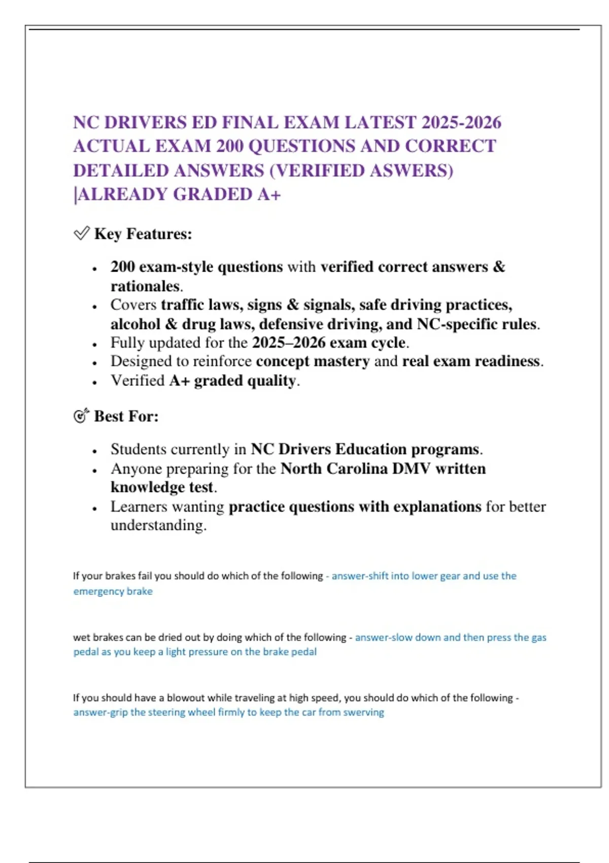 NC DRIVERS ED FINAL EXAM LATEST ACTUAL EXAM 200 QUESTIONS AND CORRECT ...