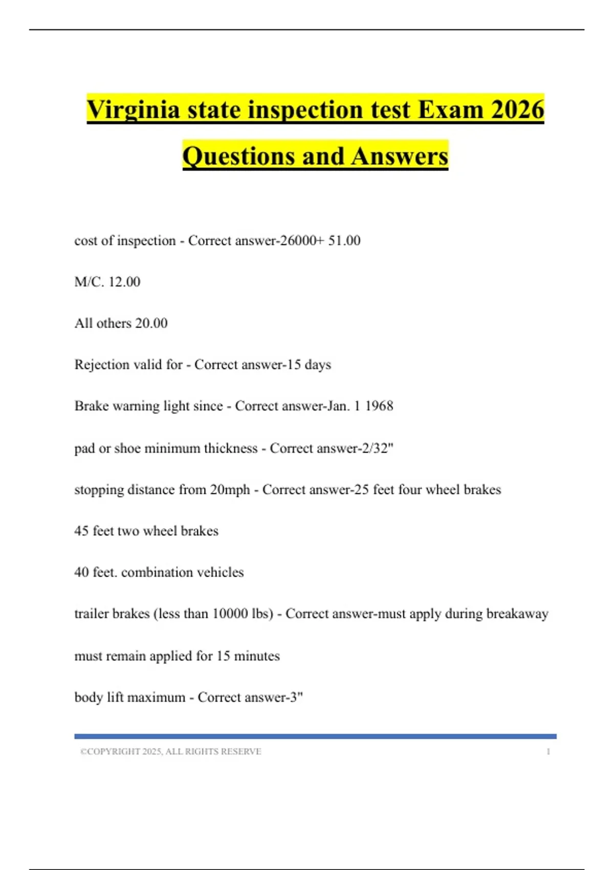 Virginia state inspection test Exam 2026 Questions and Answers ...