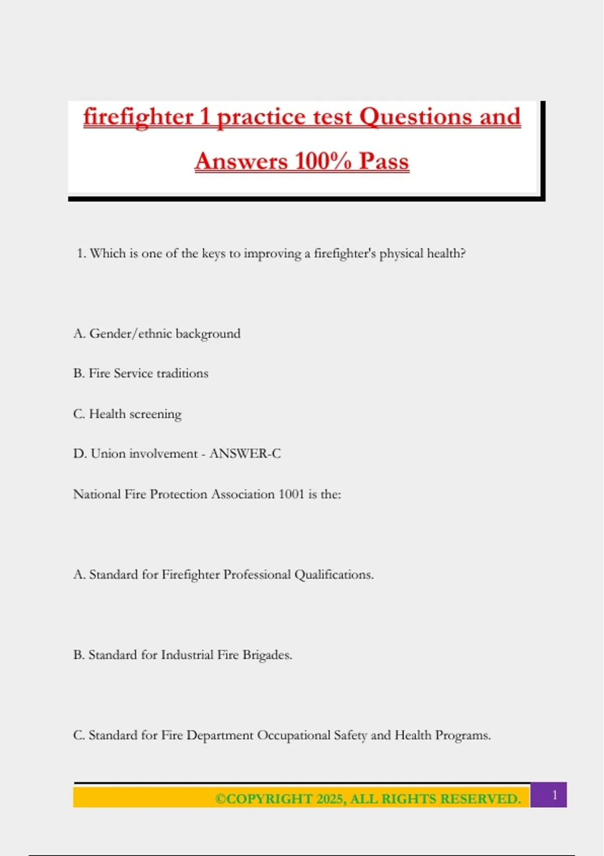 firefighter 1 practice test Questions and Answers 100% Pass ...