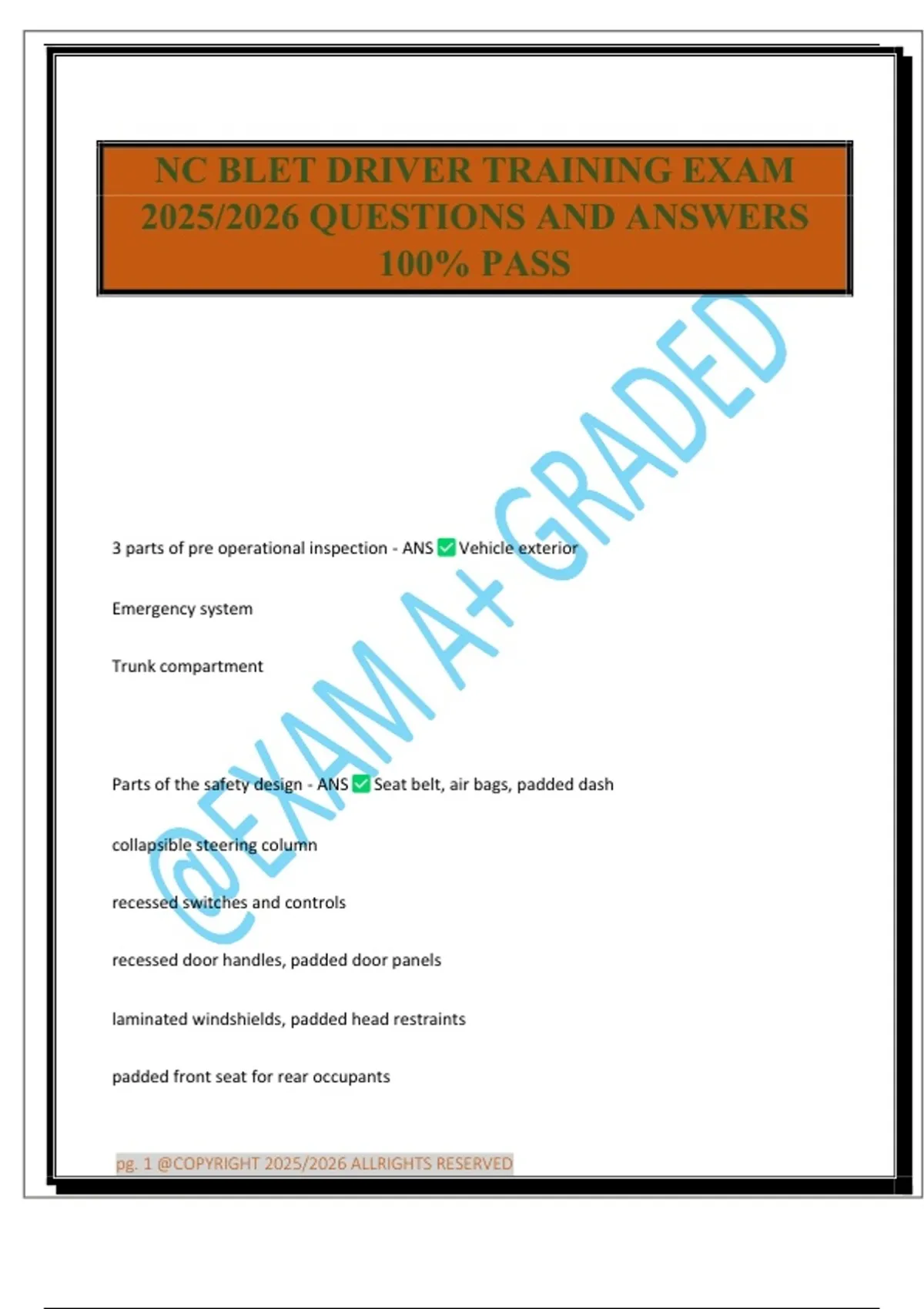 NC BLET DRIVERS TRAINING EXAM 2025/2026 QUESTIONS AND ANSWERS 100% PASS ...