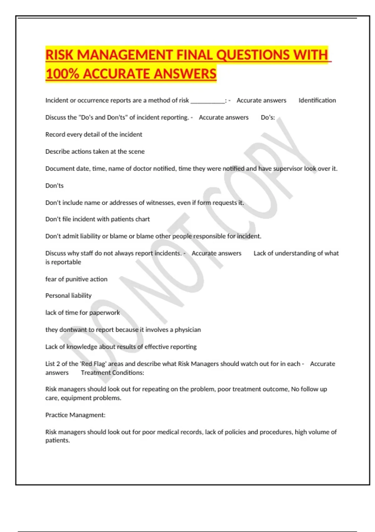 Questions About Risk Management RISK MANAGEMENT FINAL QUESTIONS WITH 100% ACCURATE ANSWERS - Cphrm ...