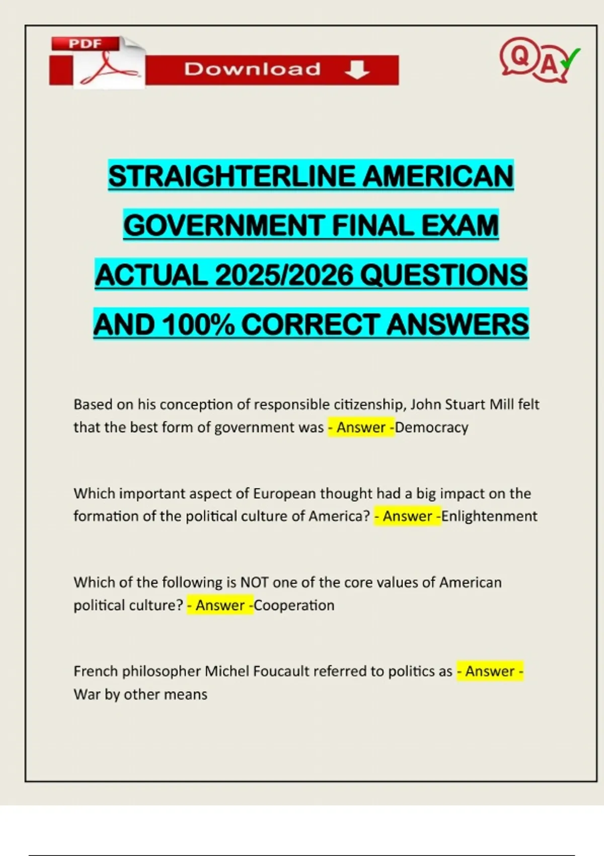 STRAIGHTERLINE AMERICAN GOVERNMENT FINAL EXAM ACTUAL 2025/2026 ...