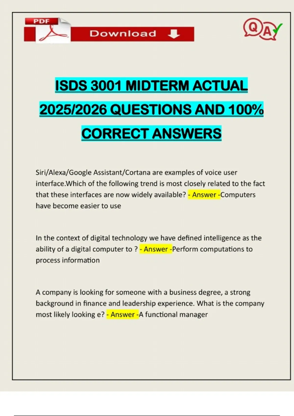 ISDS 3001 MIDTERM ACTUAL 2025/2026 QUESTIONS AND 100% CORRECT ANSWERS ...