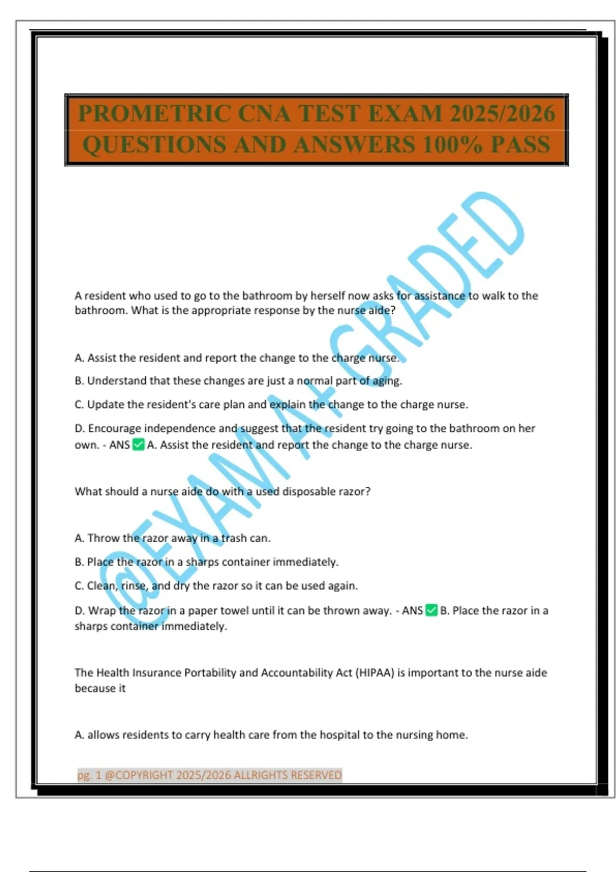 PROMETRIC CNA TEST EXAM 2025/2026 QUESTIONS AND ANSWERS 100% PASS ...