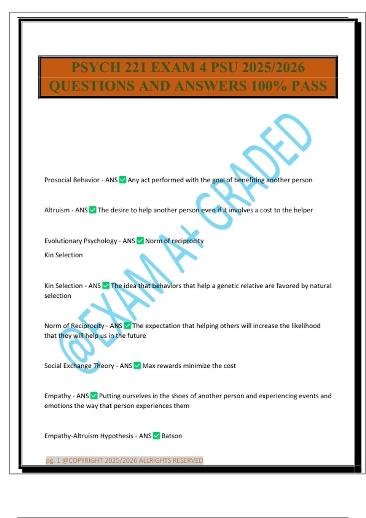 PSYCH 221 EXAM 4 PSU 2025/2026 QUESTIONS AND ANSWERS 100% PASS - PSYCH ...