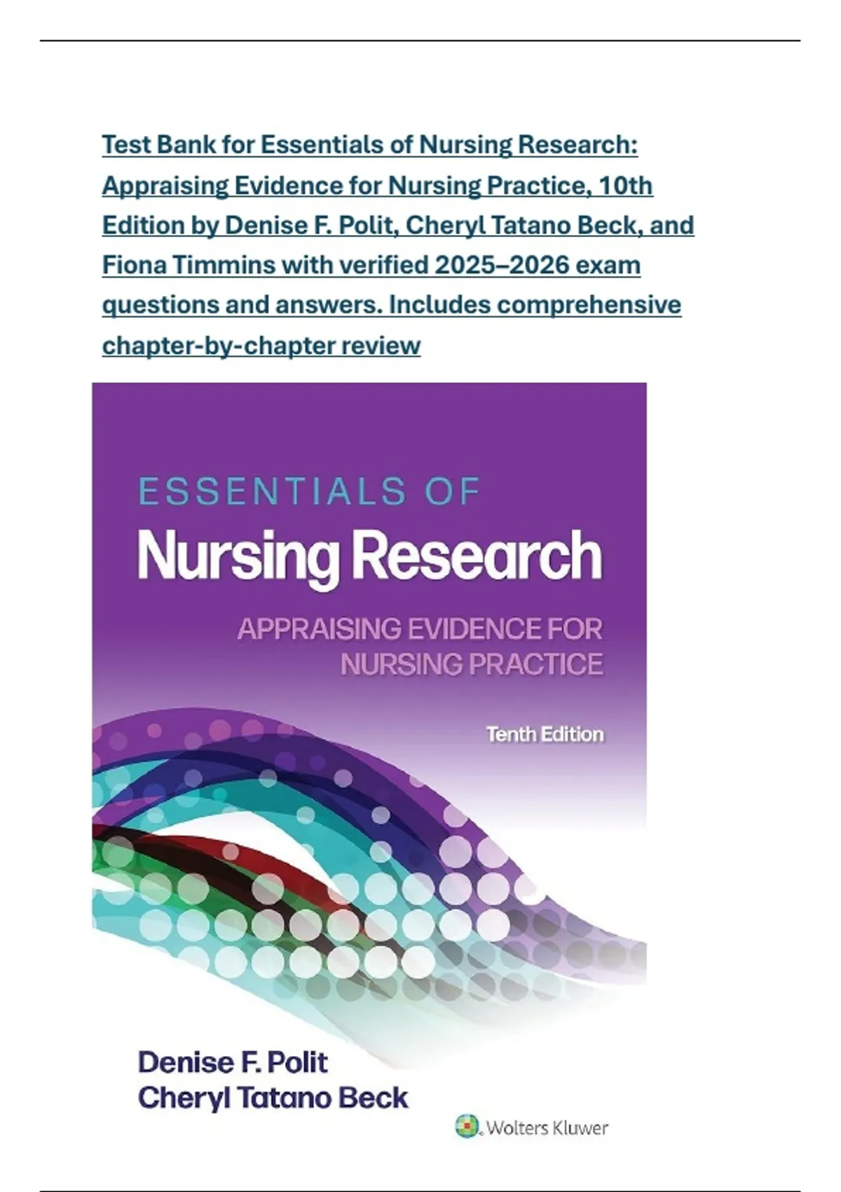Test Bank for Essentials of Nursing Research: Appraising Evidence for ...
