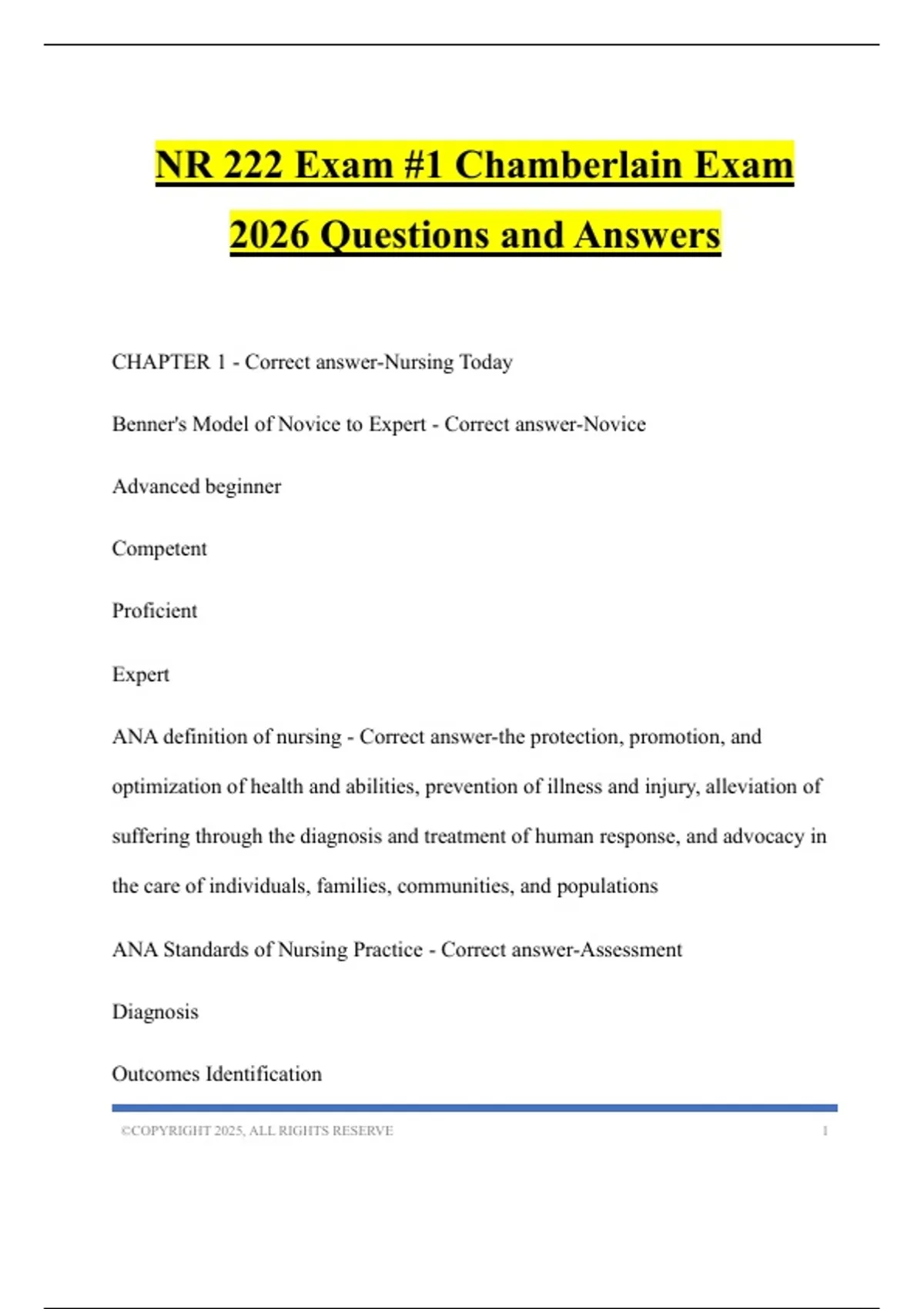 NR 222 Exam #1 Chamberlain Exam 2026 Questions and Answers - NR 222 ...