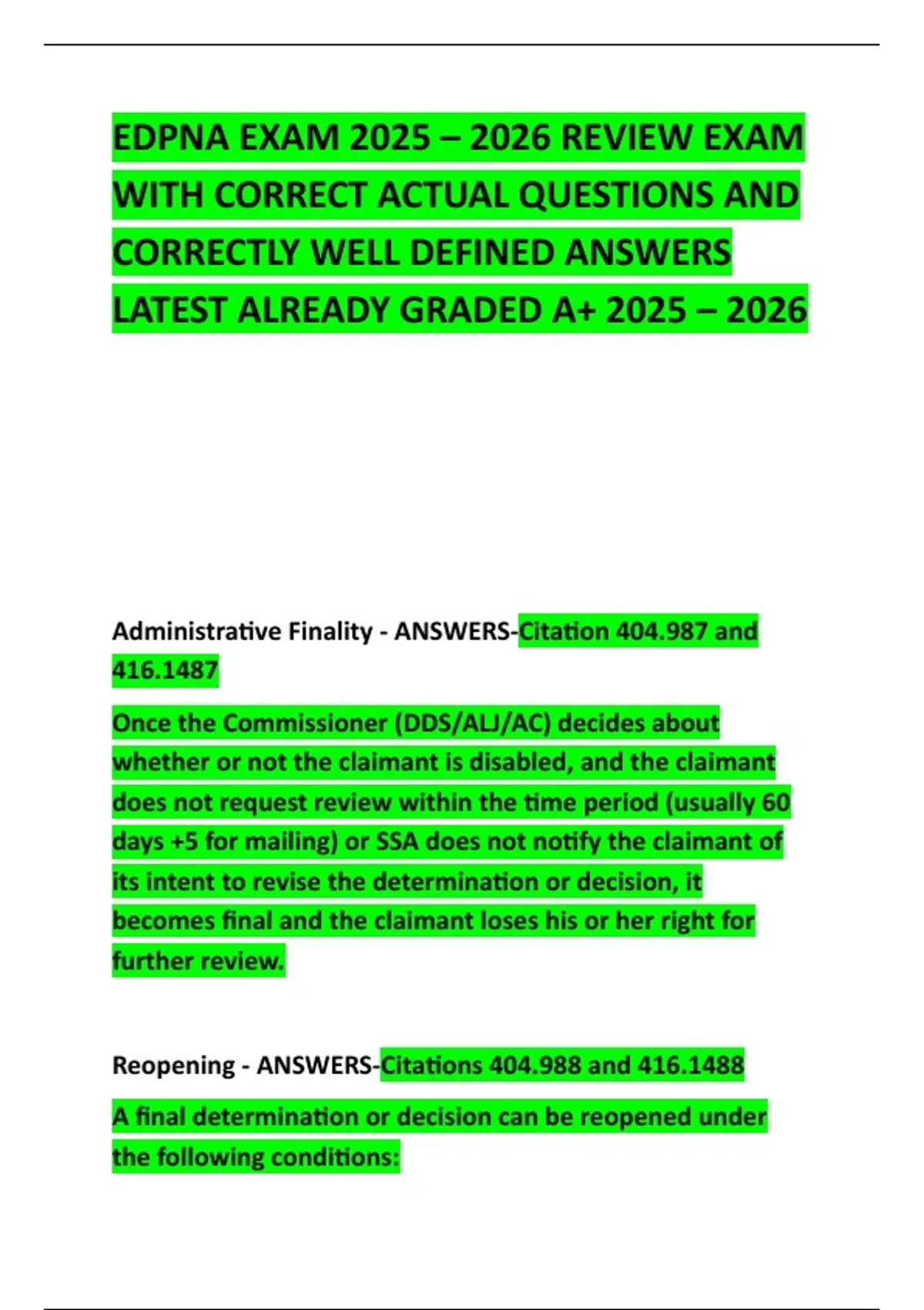 EDPNA EXAM 2025 – 2026 REVIEW EXAM WITH CORRECT ACTUAL QUESTIONS AND ...