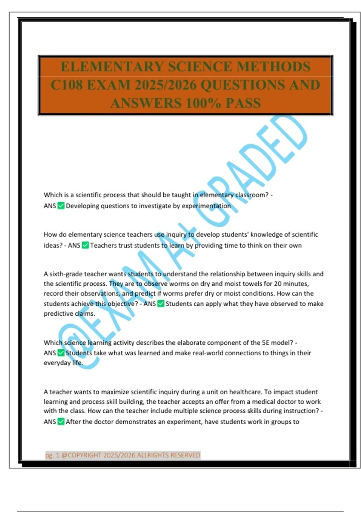 ELEMENTARY SCIENCE METHODS C108 EXAM 2025/2026 QUESTIONS AND ANSWERS ...