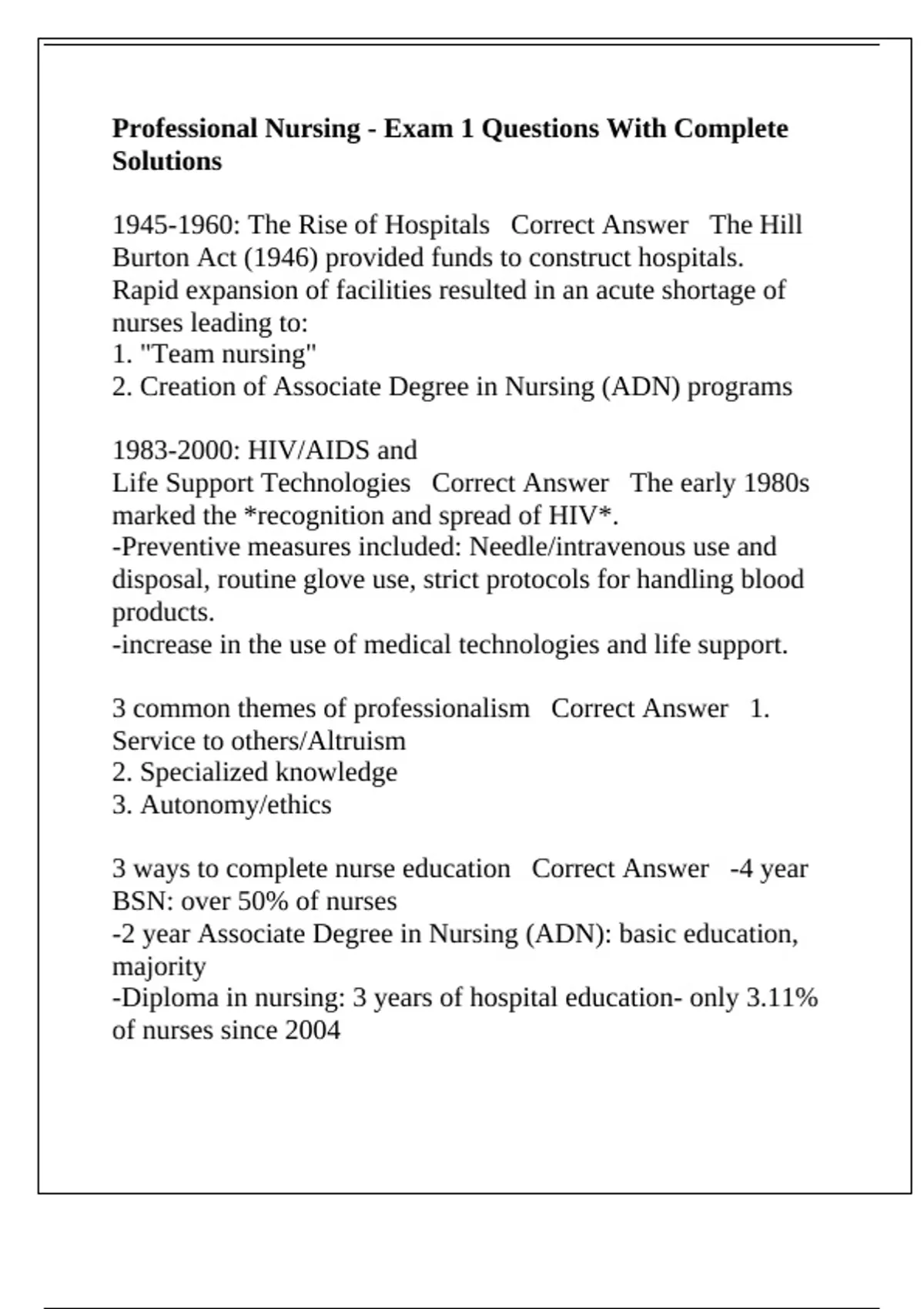 Professional Nursing - Exam 1 Questions With Complete Solutions ...