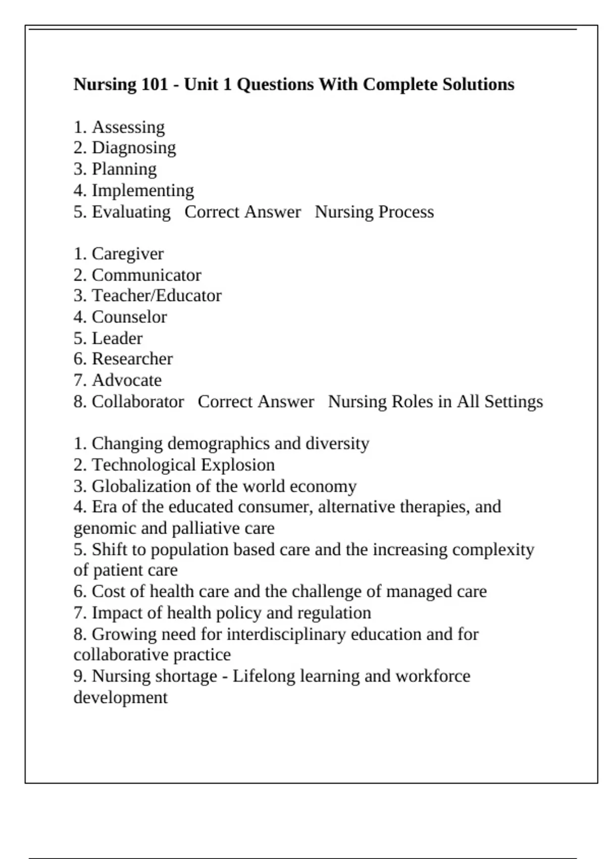 Nursing 101 - Unit 1 Questions With Complete Solutions - Nursing 101 ...