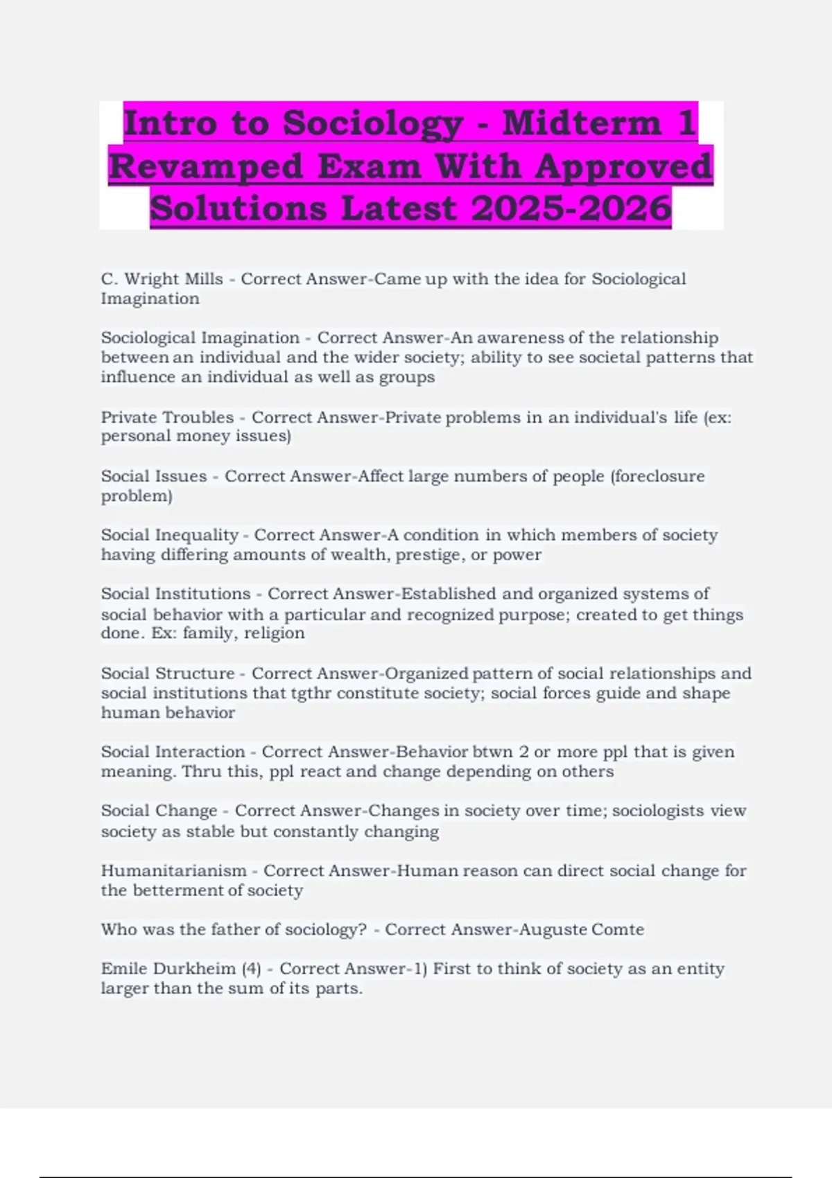 Intro to Sociology – Midterm 1 Revamped Exam with Approved Solutions ...