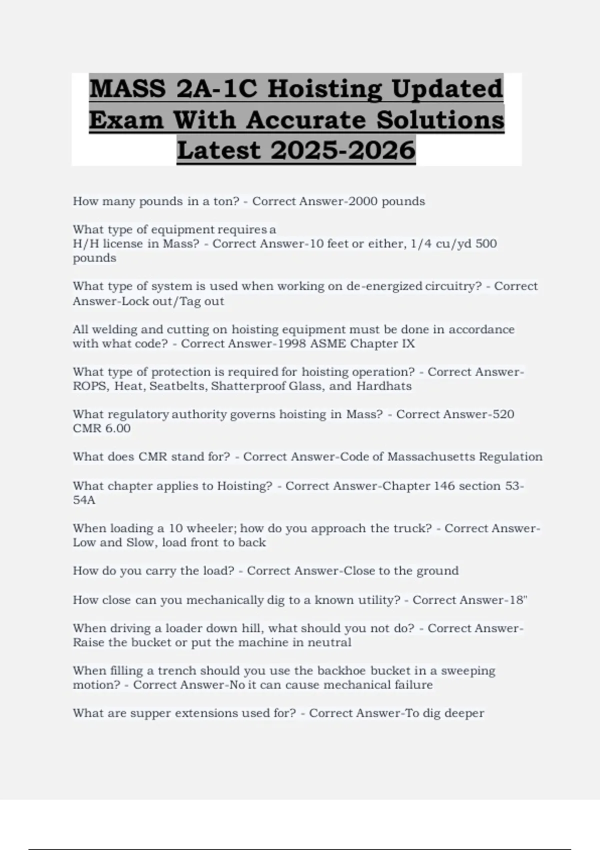 MASS 2A-1C Hoisting Updated Exam with Accurate Solutions (Latest 2025–2026) – Complete Study ...