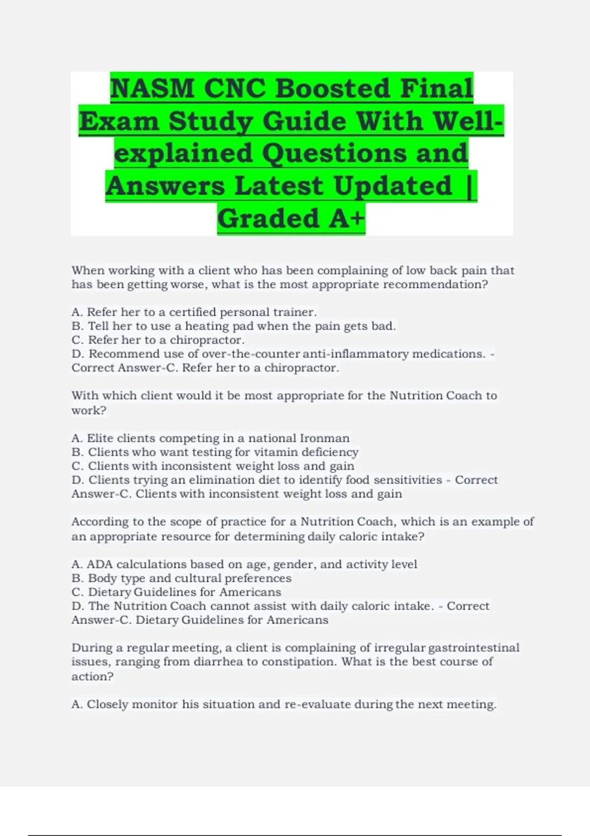NASM CNC Boosted Final Exam Study Guide with Well-Explained Questions ...