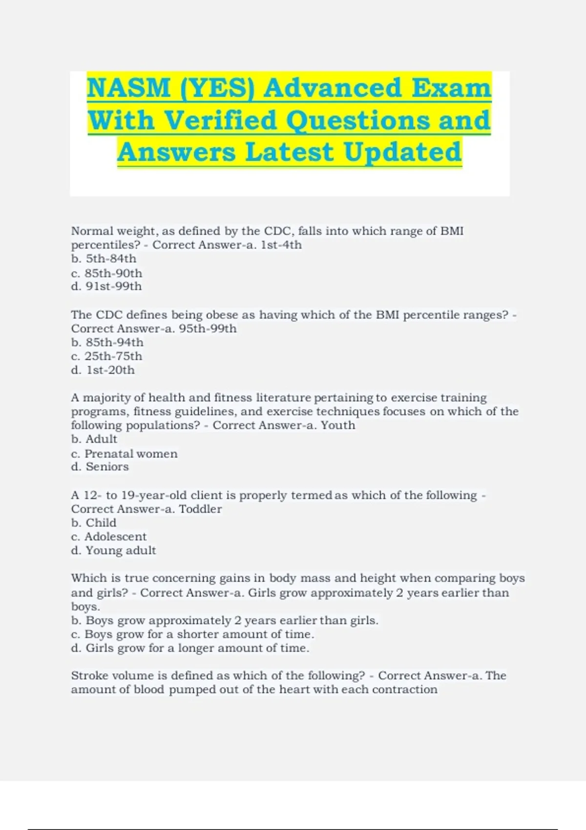 NASM YES Advanced Exam with Verified Questions and Answers (Latest ...