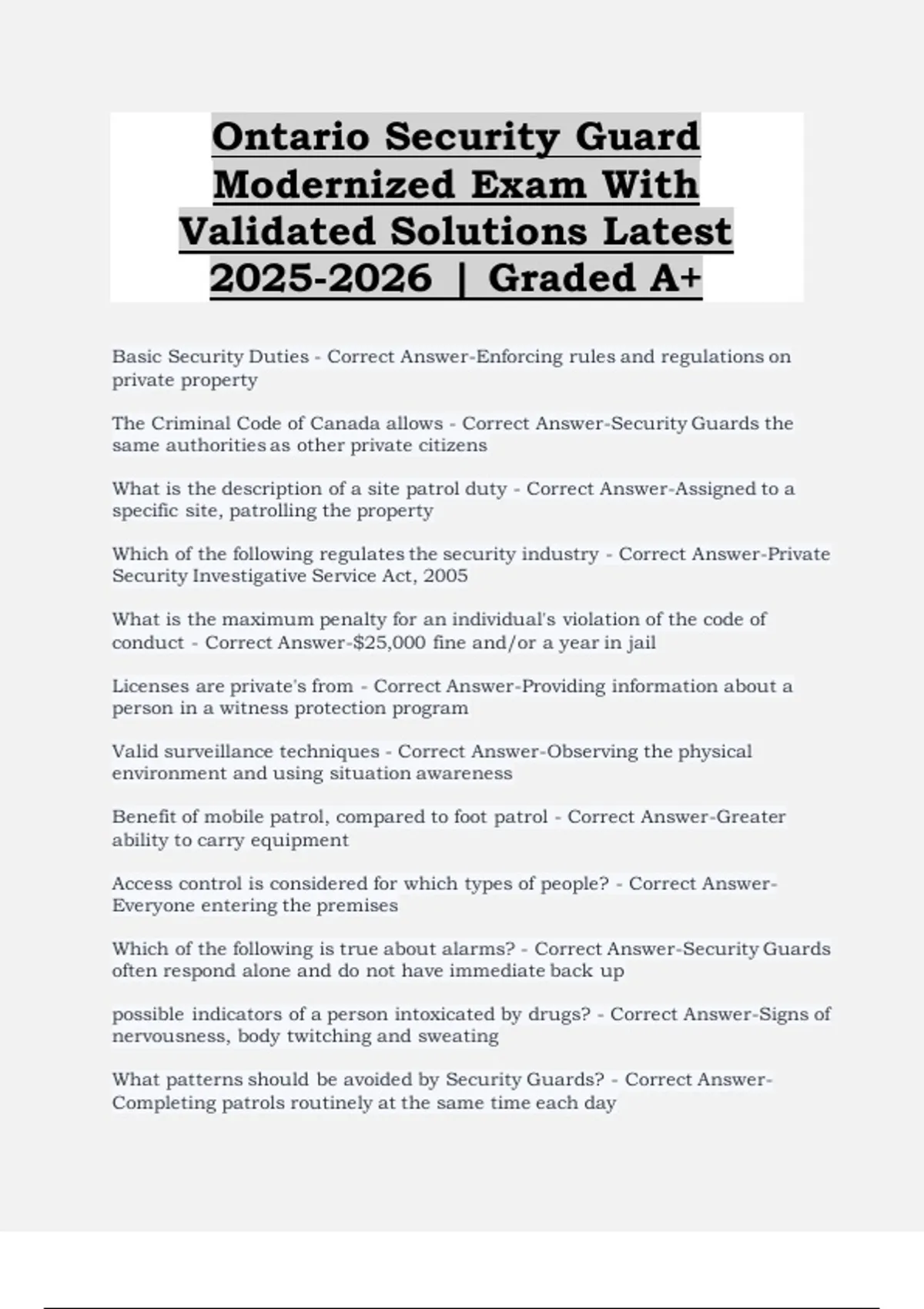 Ontario Security Guard Modernized Exam with Validated Solutions (Latest ...
