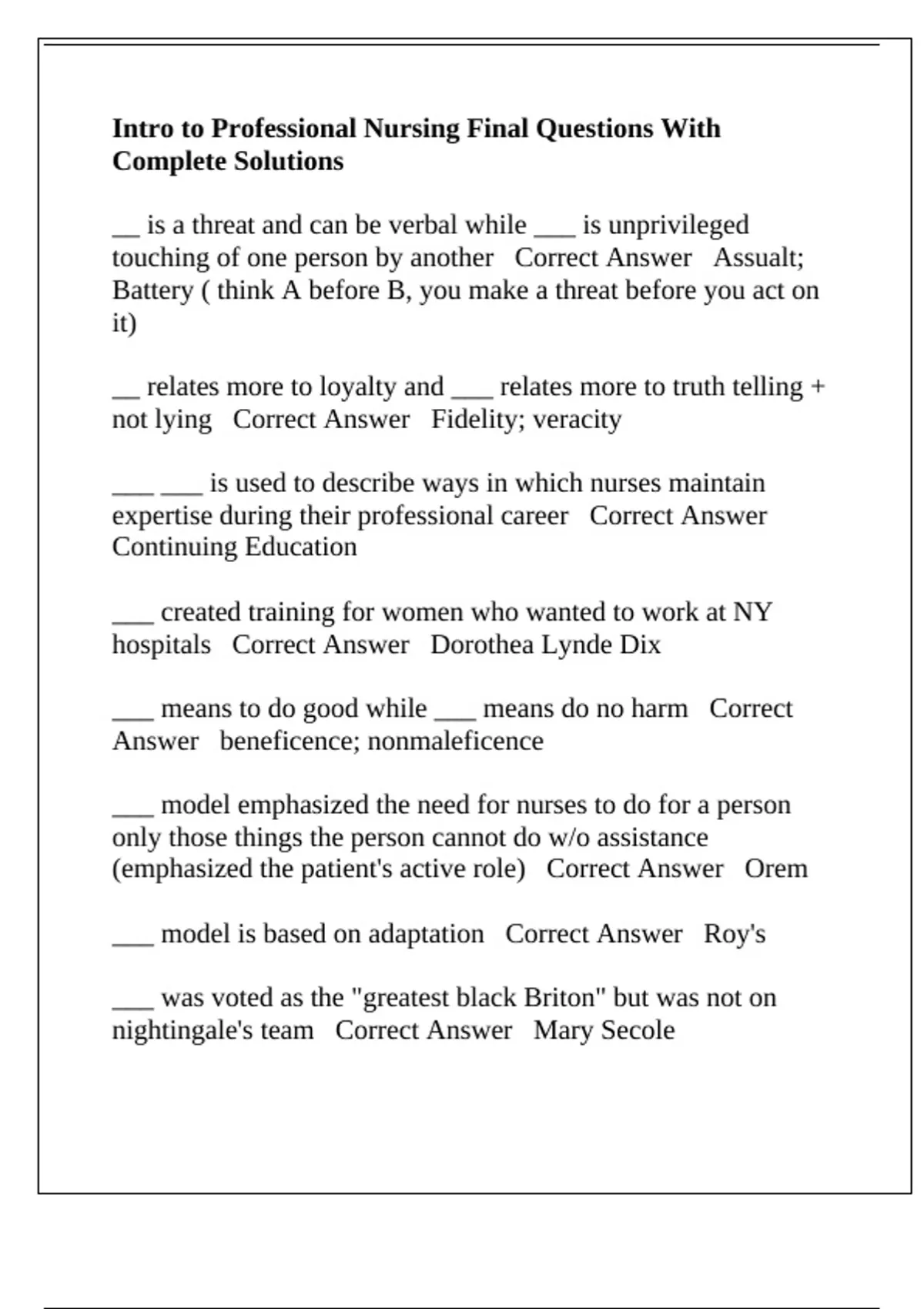 Intro to Professional Nursing Final Questions With Complete Solutions ...