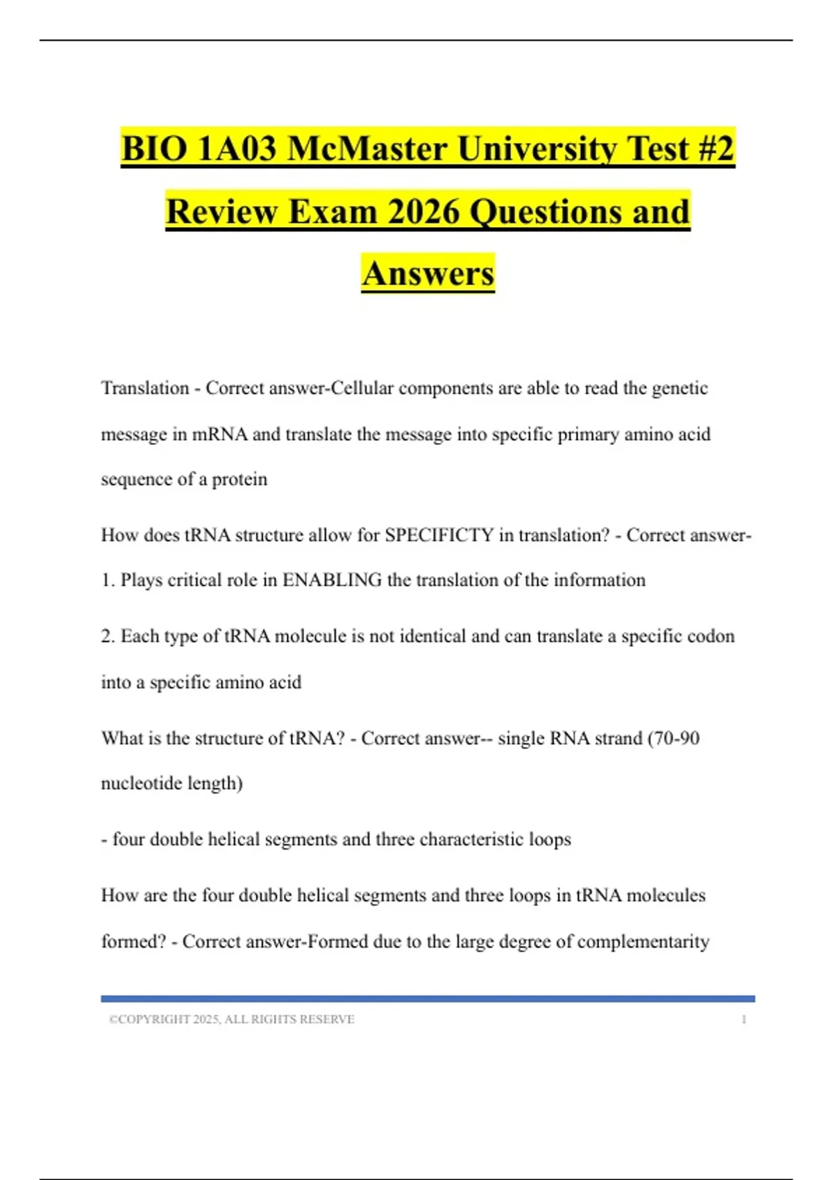 BIO 1A03 McMaster University Test #2 Review Exam 2026 Questions and ...