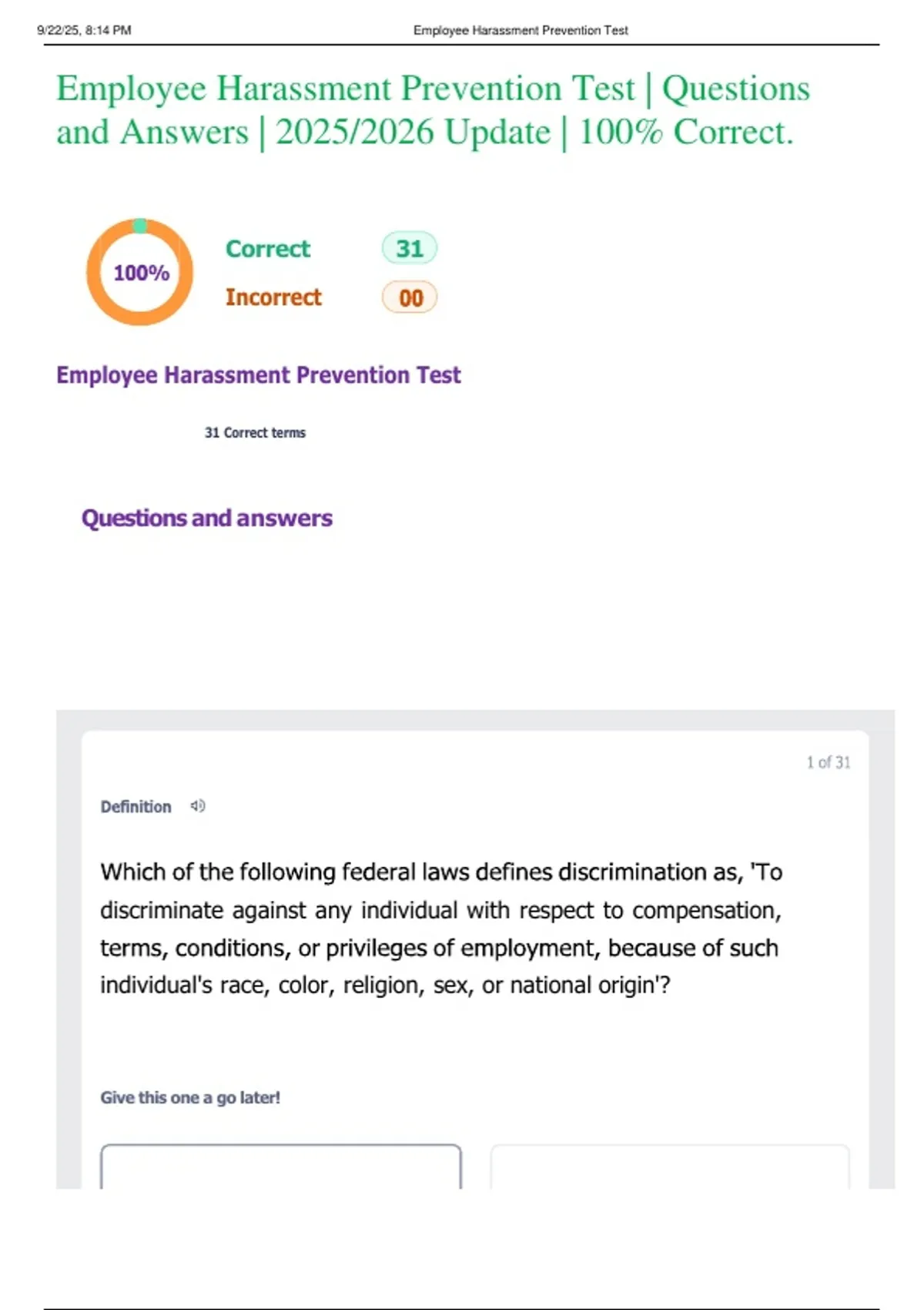 Employee Harassment Prevention Test | Questions and Answers | 2025/2026 Update | 100% Correct ...