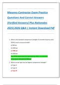 Masonry Contractor Exam Practice  Questions And Correct Answers  &lpar;Verified Answers&rpar; Plus Rationales  2025&vert;2026 Q&A &vert; Instant Download Pdf 