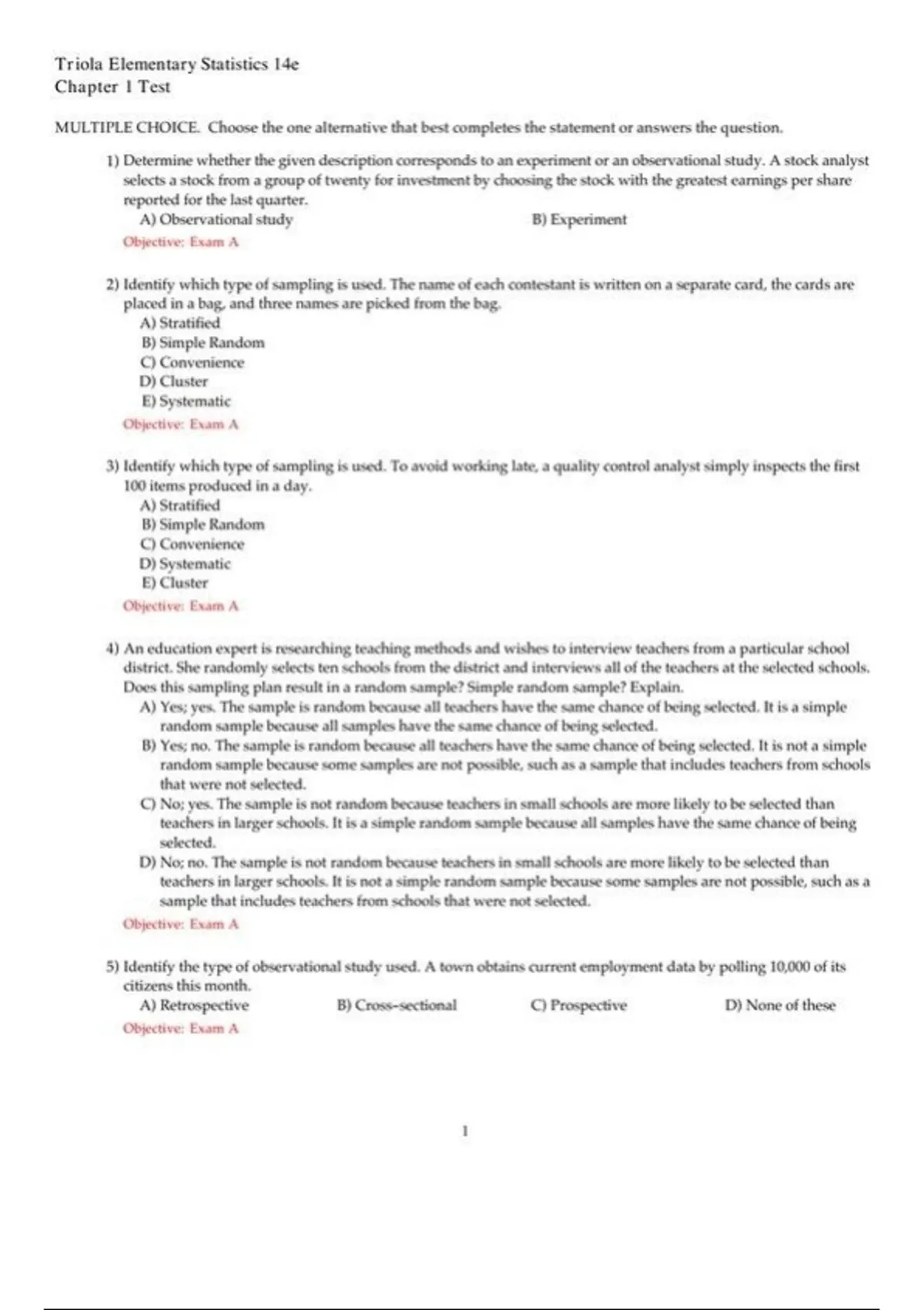 test bank, practice questions: Elementary Statistics - Triola - 14e ...