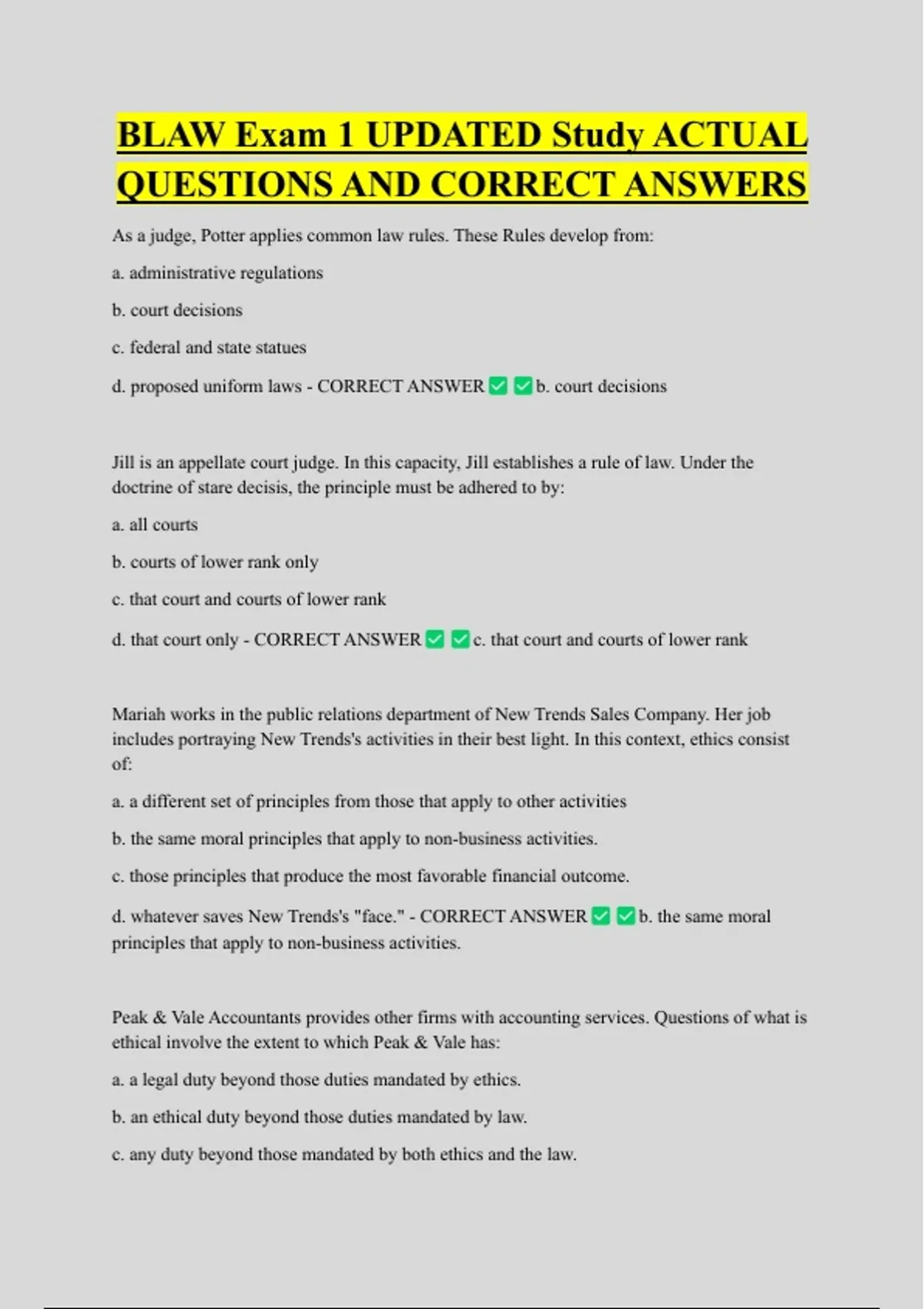 BLAW Exam 1 UPDATED ACTUAL QUESTIONS AND CORRECT ANSWERS Substantive ...