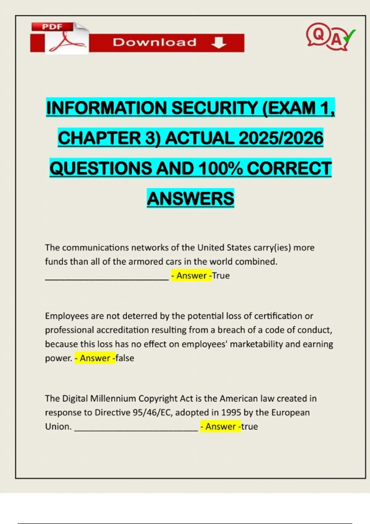 Cciso Questions INFORMATION SECURITY (EXAM 1, CHAPTER 3) ACTUAL 2025/2026 QUESTIONS AND ...