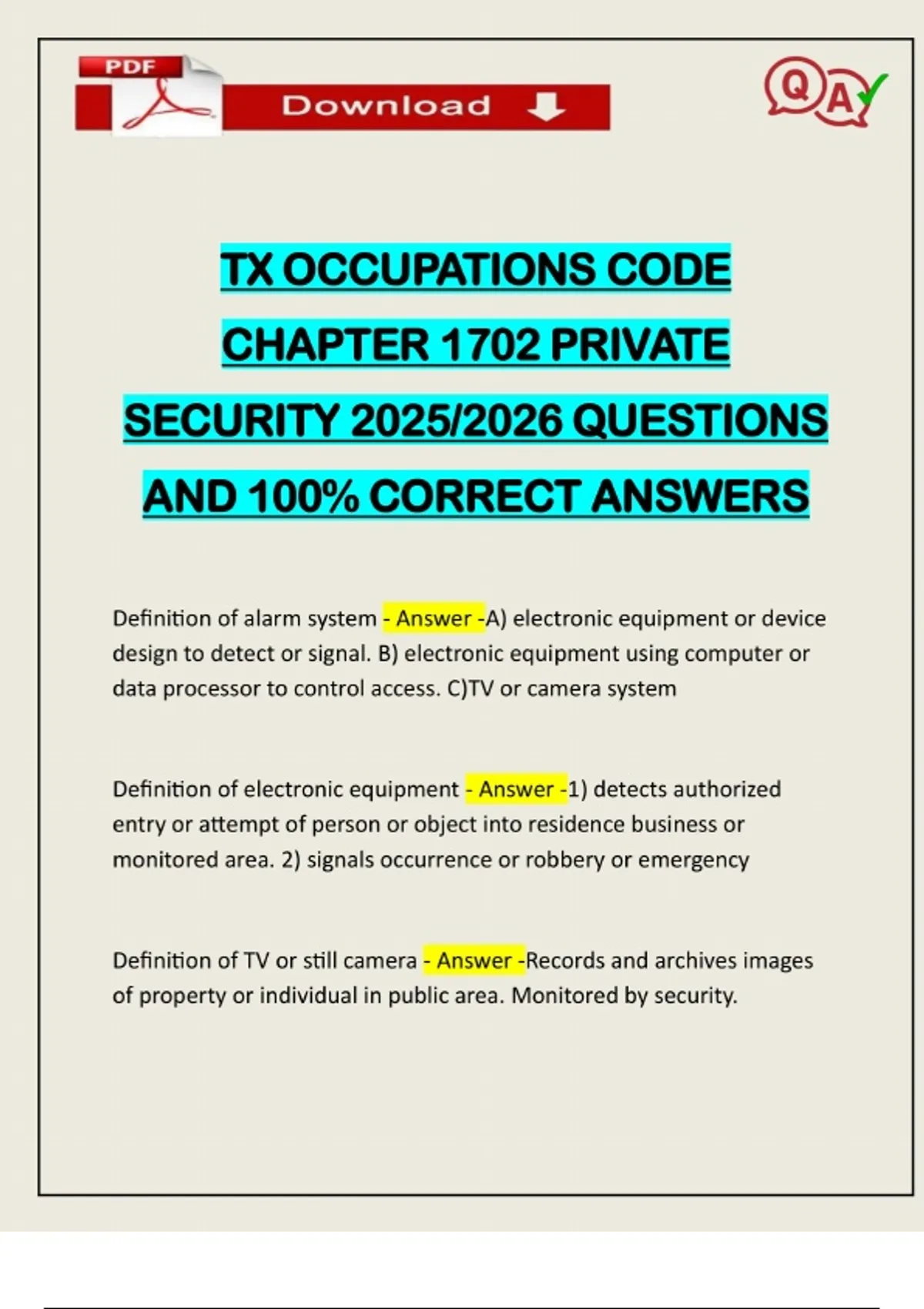 TX OCCUPATIONS CODE CHAPTER 1702 PRIVATE SECURITY 2025/2026 QUESTIONS ...