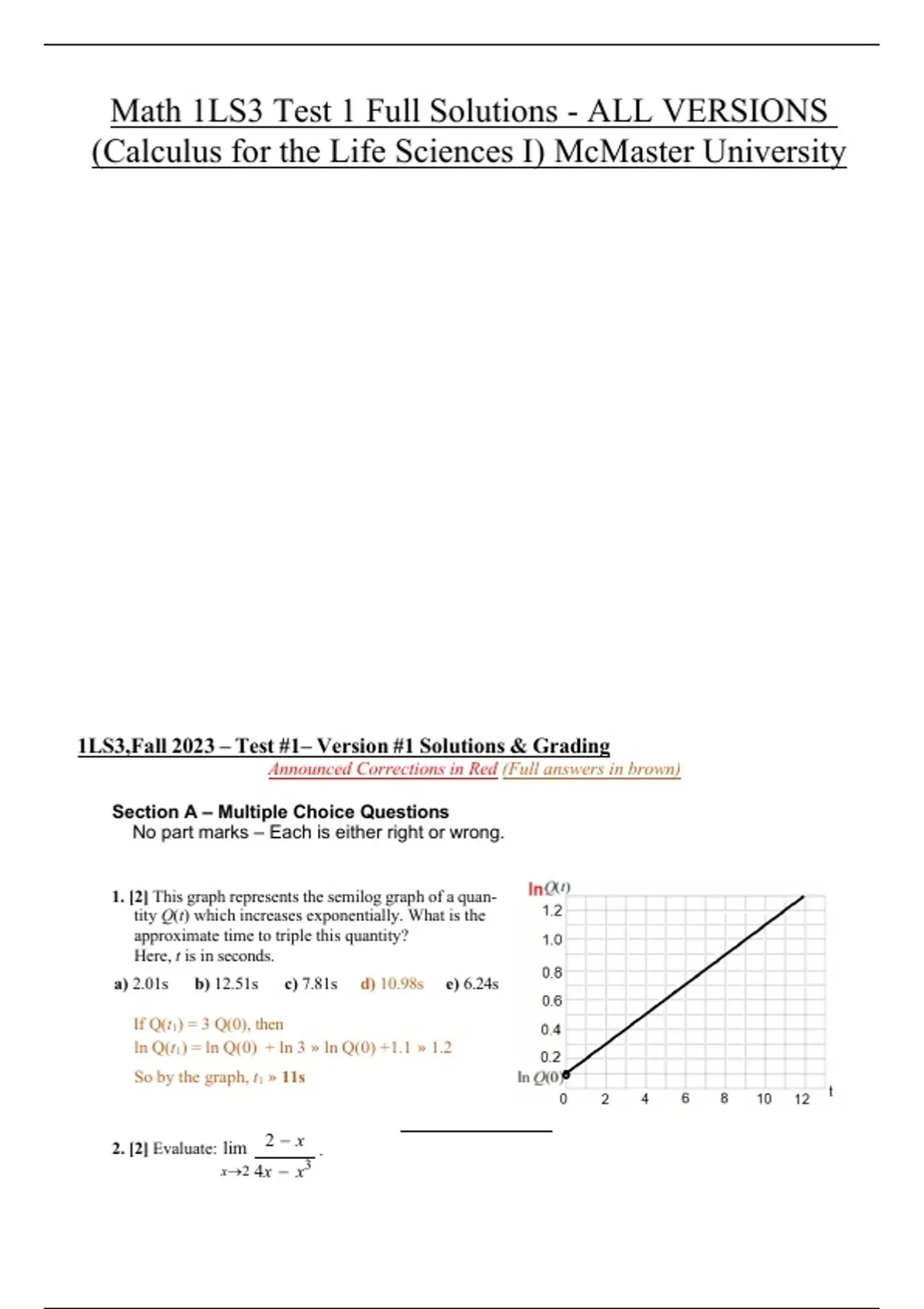 Math 1LS3 Test 1 Full Solutions - ALL VERSIONS (Calculus for the Life ...